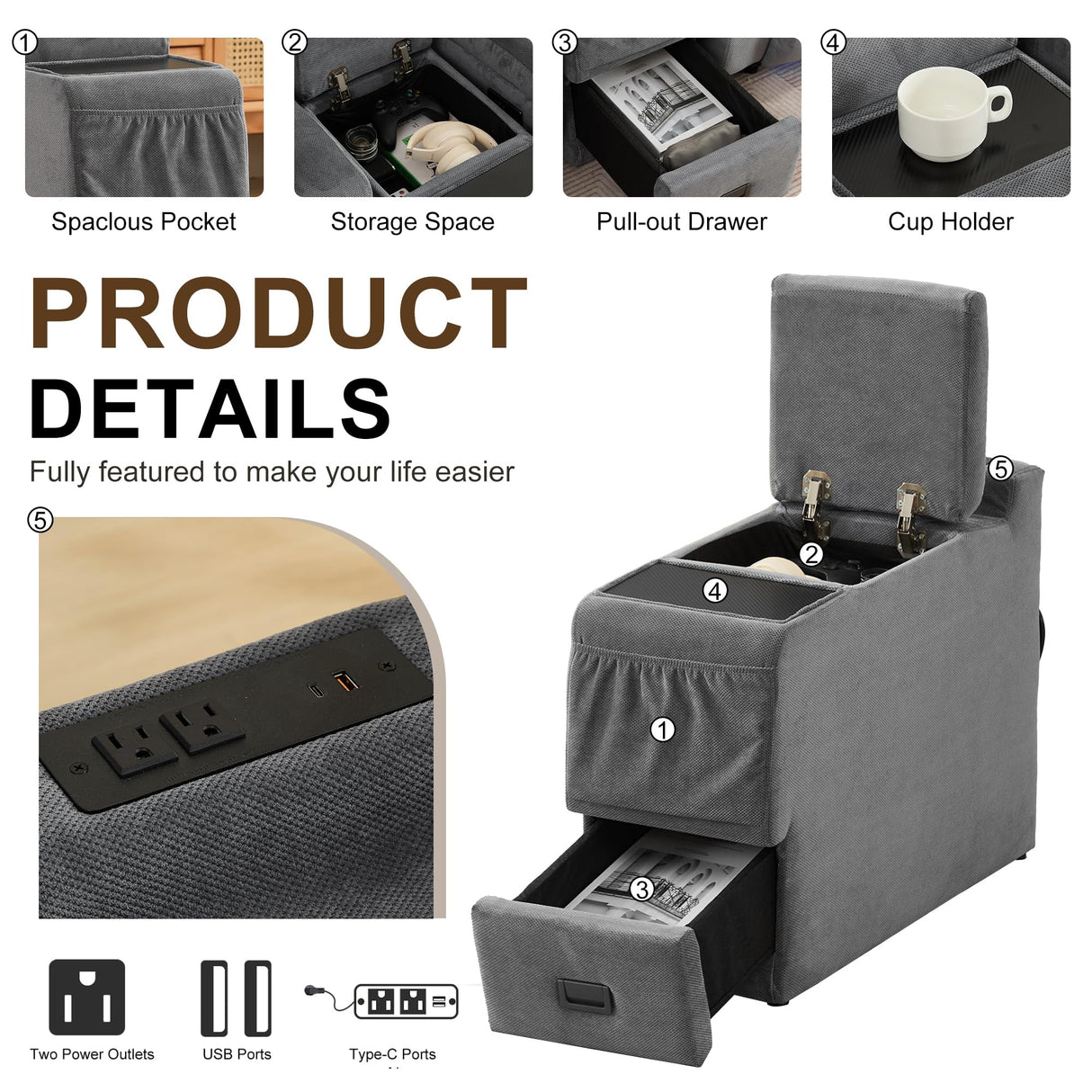 DRMBOOK Power Recliner Chair, Electric Wall Hugger Reclining Sofa with Massage & Heat, Overstuffed Theater Seating with LED/USB Port/Cup Holders for Living Room (Linen Grey, 1 Chair with Console) DRMBOOK