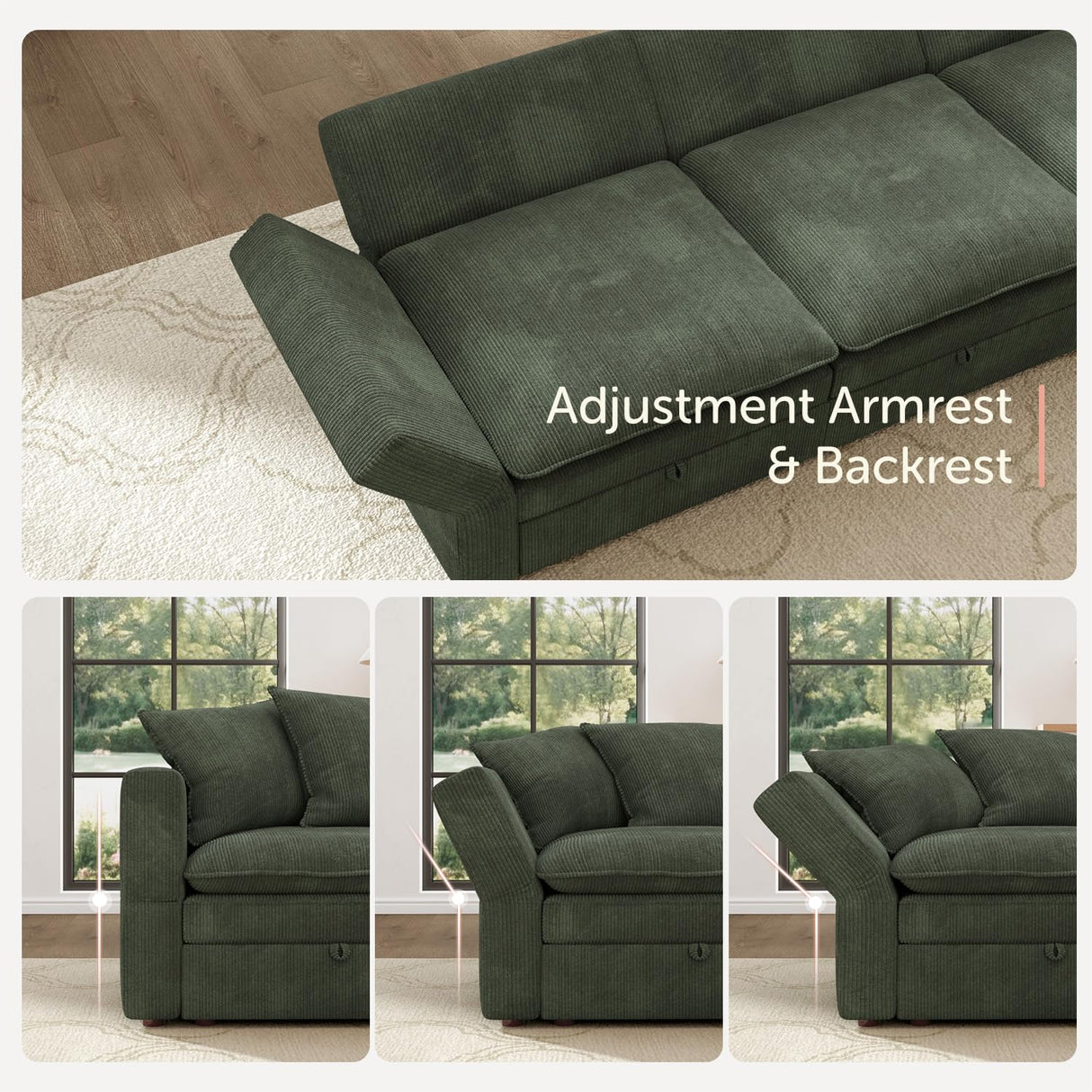 HONBAY Modular Sectional Sofa, Corduroy Sectional Couches for Living Room, U Shaped Couch with Storage, Green HONBAY