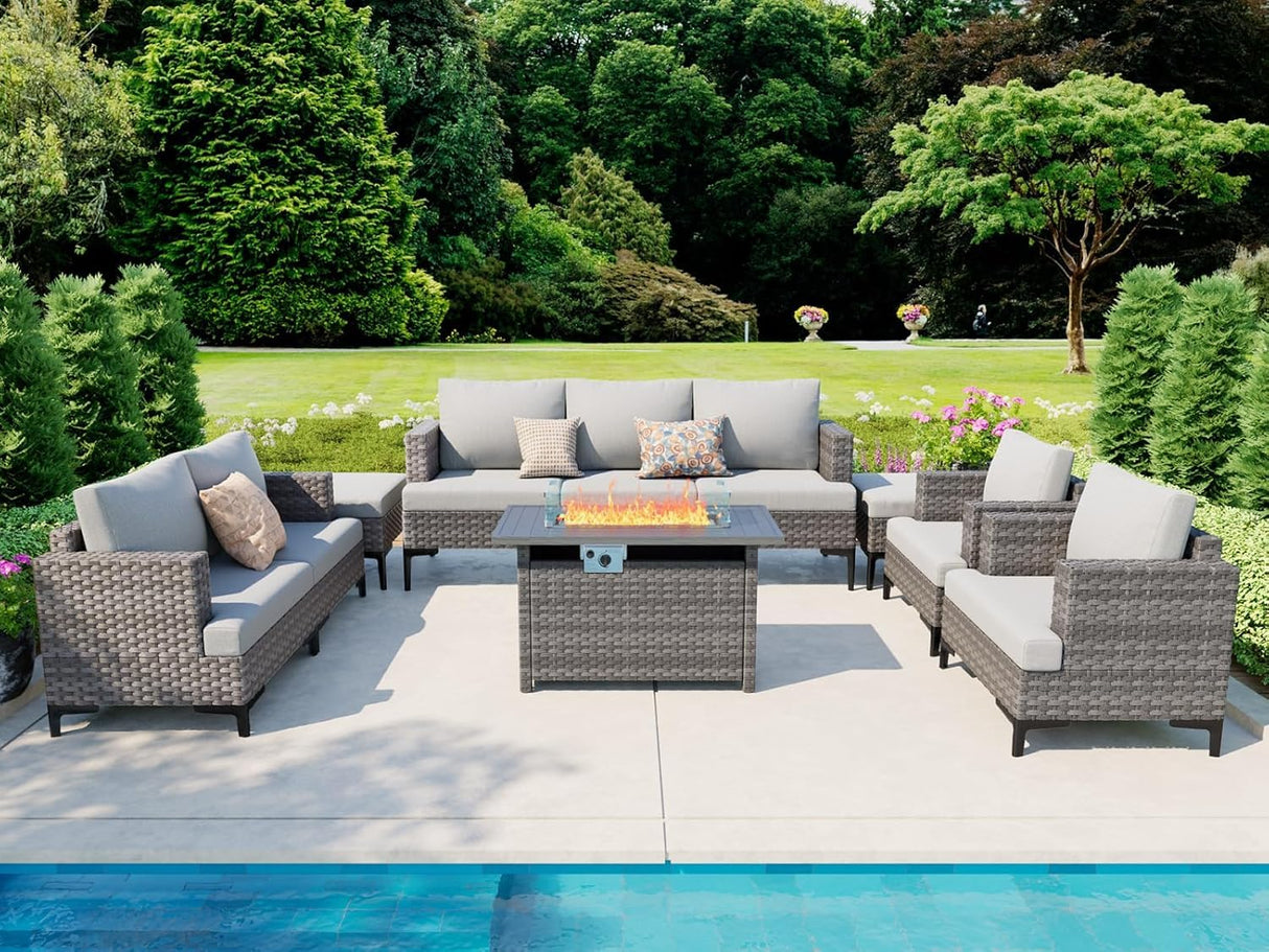 WELYAS 10 Piece Luxury Patio Furniture Set with 44" Fire Pit Table All Weather Outdoor Sectional with Thick Cushions Wicker Patio Conversation Set for Backyard, Deck, Garden WELYAS