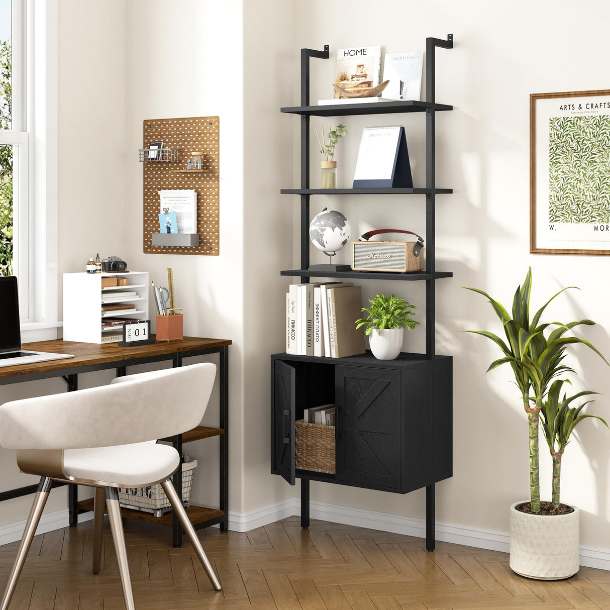 Yusong 73" Tall Bookshelf with Cabinet, Industrial Ladder Wall Mount Shelf Farmhouse Bookcase with Wood and Metal Frame, Plant Shelf Wall Storage Display for Living Room Bedroom, Farmhouse Black Yusong