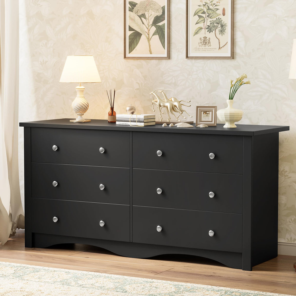 YESHOMY Dresser for Bedroom, 6 Drawer Dressers, Wide Storage Organizer Chest and TV Stand for Bedroom, Living Room, Hallway, Dormitory, Dark Black YESHOMY