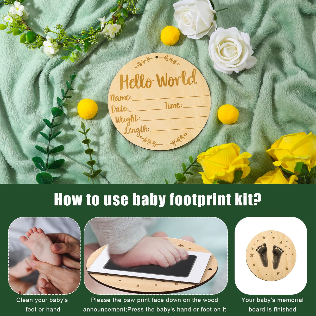 Baby Announcement Sign, 5.9 Inch Round Baby Nursery Name Signs with Ink Pad for Baby Hand and Footprints Wooden Hello World Newborn Sign for Photo LUTER