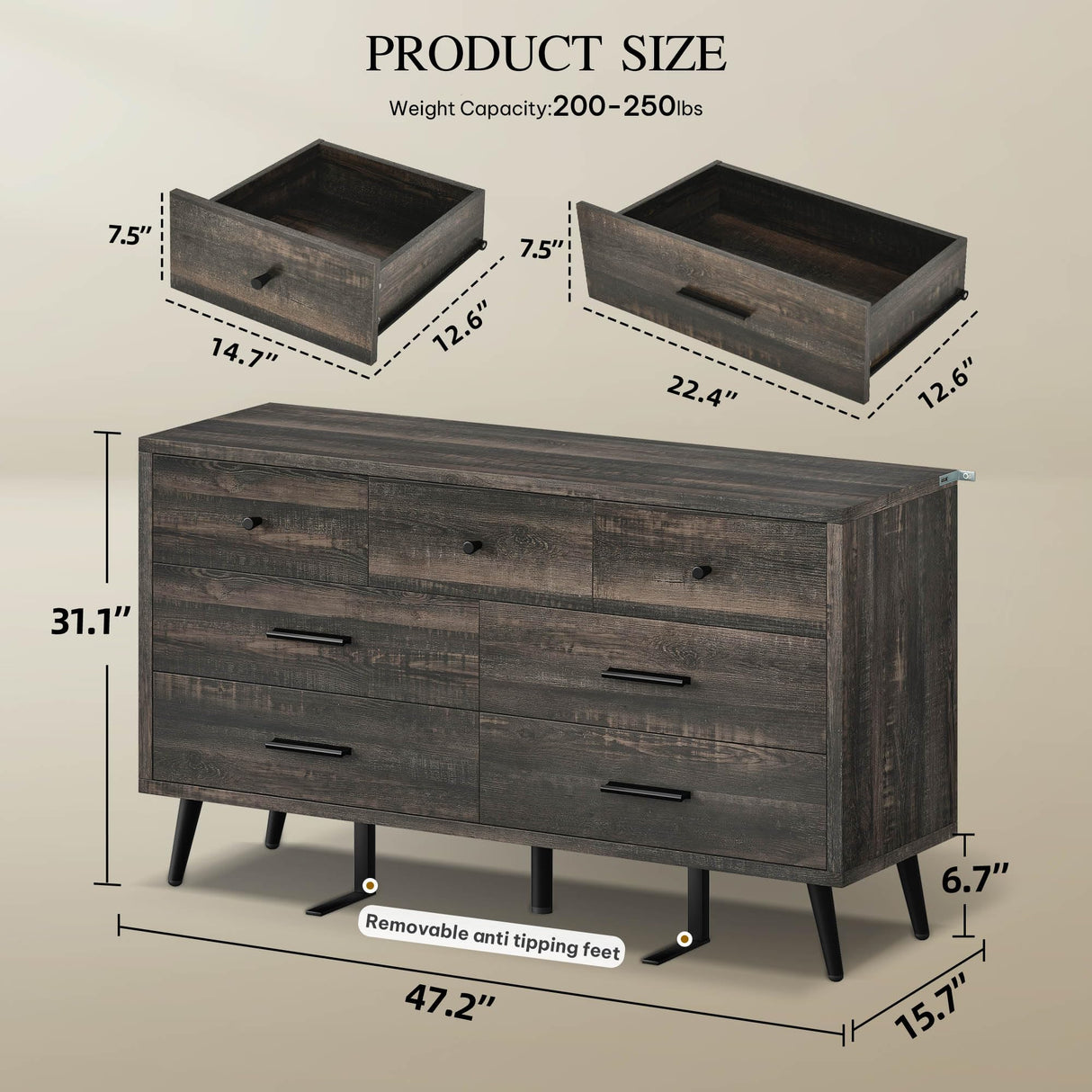 DWVO Dark Rustic Oak 7 Drawer Dresser, 47" W Large Double Dresser Chest of Drawers, Modern Wood Storage Dresser Organizer with Black Metal Handles & Anti-Tipping Device for Hallway, Entryway DWVO