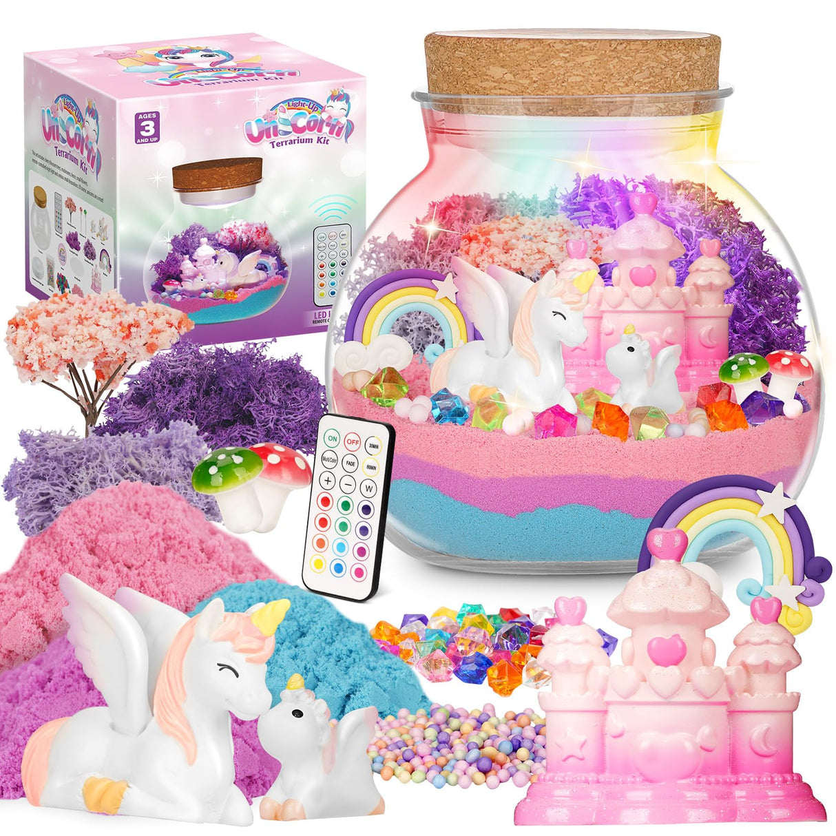 Light-Up Unicorn Terrarium Kit for Kids, DIY Arts & Crafts Gift for Girls Ages 4 5 6 7 8-12 Year Old, LED Night Light with Remote, Best Birthday Easter Unicorn Toys Gifts for Girls Kid Winnrok