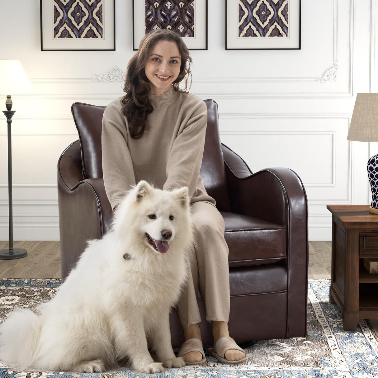 Simore Faux Leather Swivel Barrel Accent Chair Set of 2 for Living Room Bedroom, Comfy Modern Round Swivel Chair with Removable Pillow, Dark Brown Simore