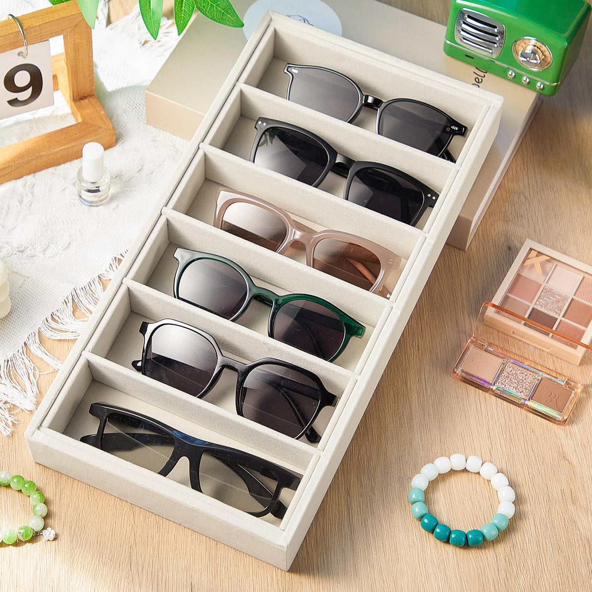 Juexica 2 Pcs Velvet Sunglasses Organizer Tray 6 Grid Sunglass Organizer Velvet Tray Stackable Glasses Display Case for Women Glasses Jewelry Display Watch (Beige) Juexica