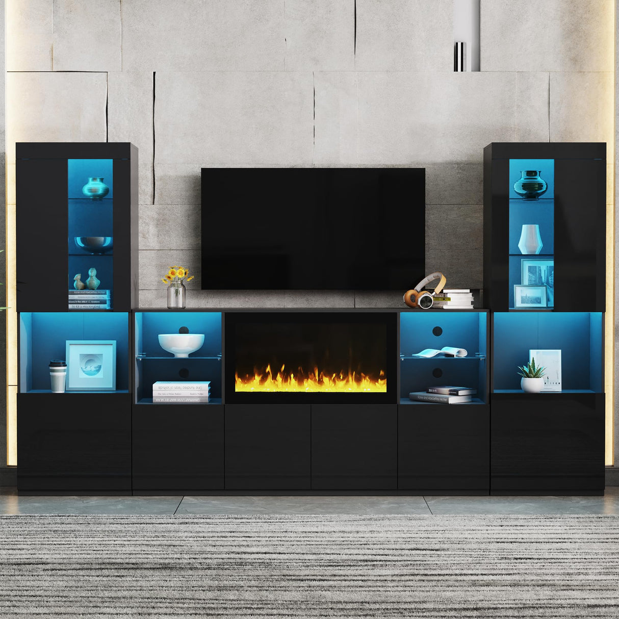 Merax High Gloss TV Stand with 34.2" Non-Heating Electric Fireplace, Modern LED Entertainment Center & Two Tall Pantry Cabinets and Tempered Glass Shelves, Media Console Set for TVs up to 75", Black Merax