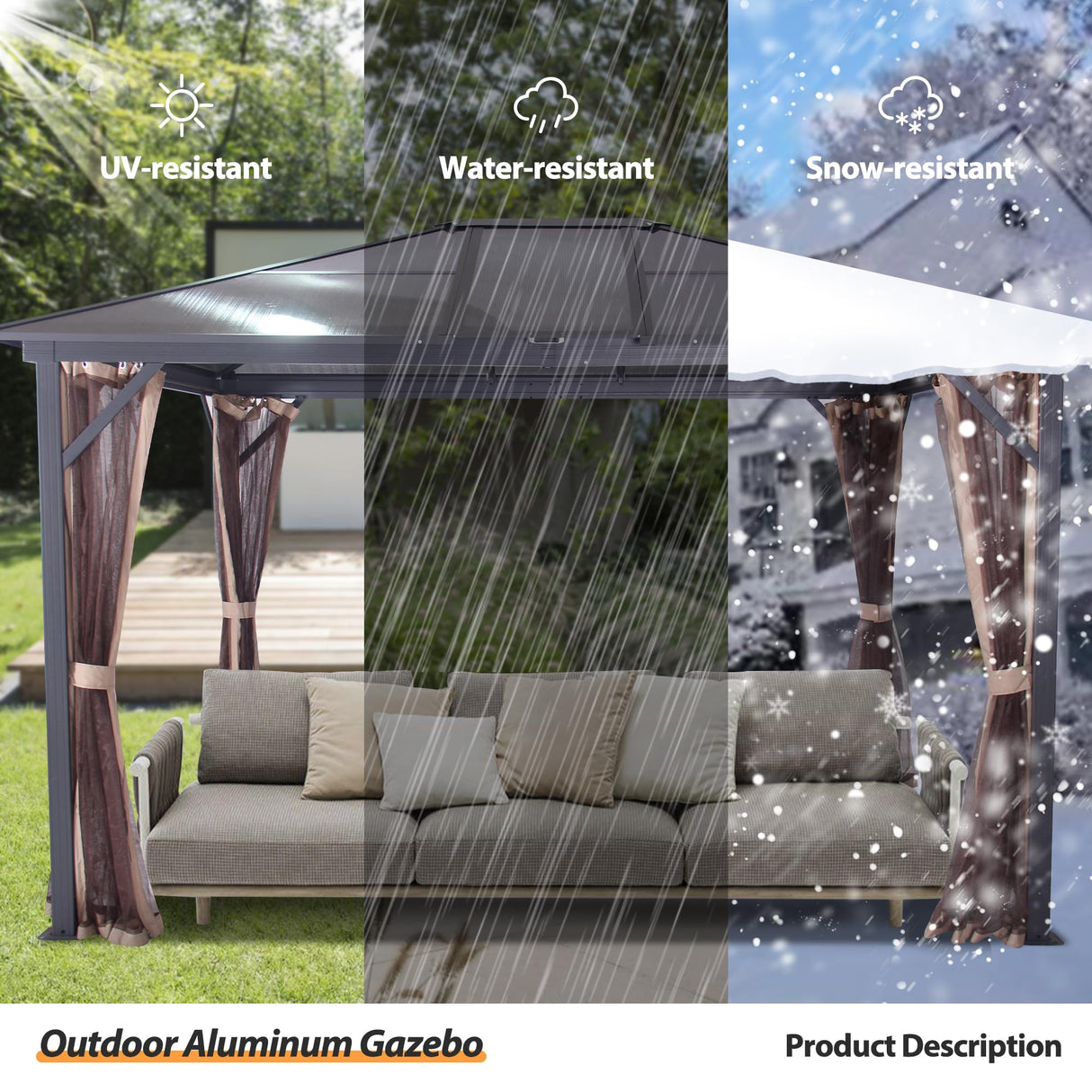 GARTOO 14' x 12' Polycarbonate Hardtop Aluminum Patio Gazebo with Skylight - Outdoor Heavy Duty Gazebo with Breathable Netting for Garden, Poolside, Deck, Patio GARTOO