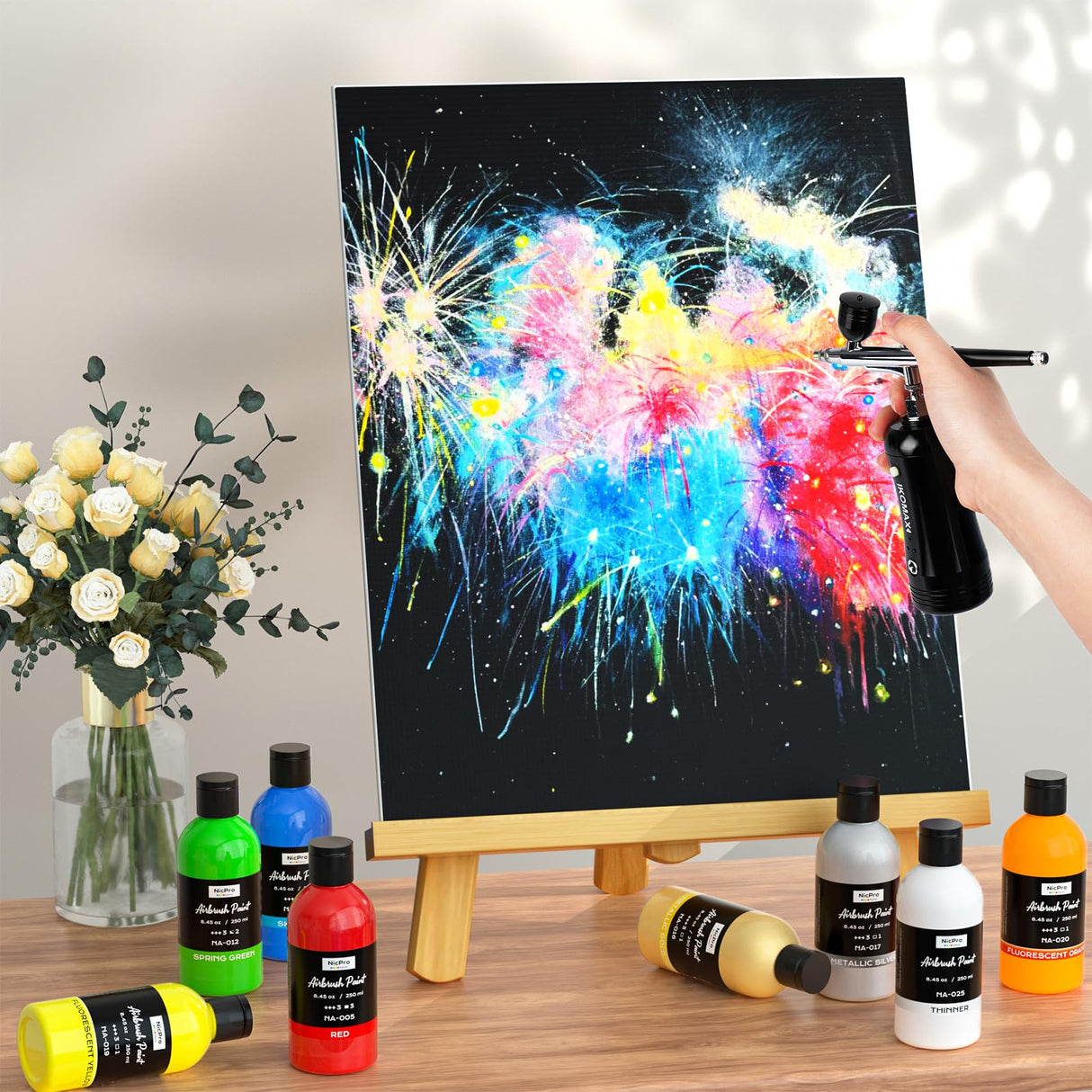 Nicpro 24 Colors Airbrush Paint (8.45 oz, 250 ml) with 1 Thinner, Large Bulk Ready to Spray Airbrush Paint Set, Opaque Water-Based Acrylic Air brush Paints for Model, Metal, Plastic, Wood, Canvas Nicpro