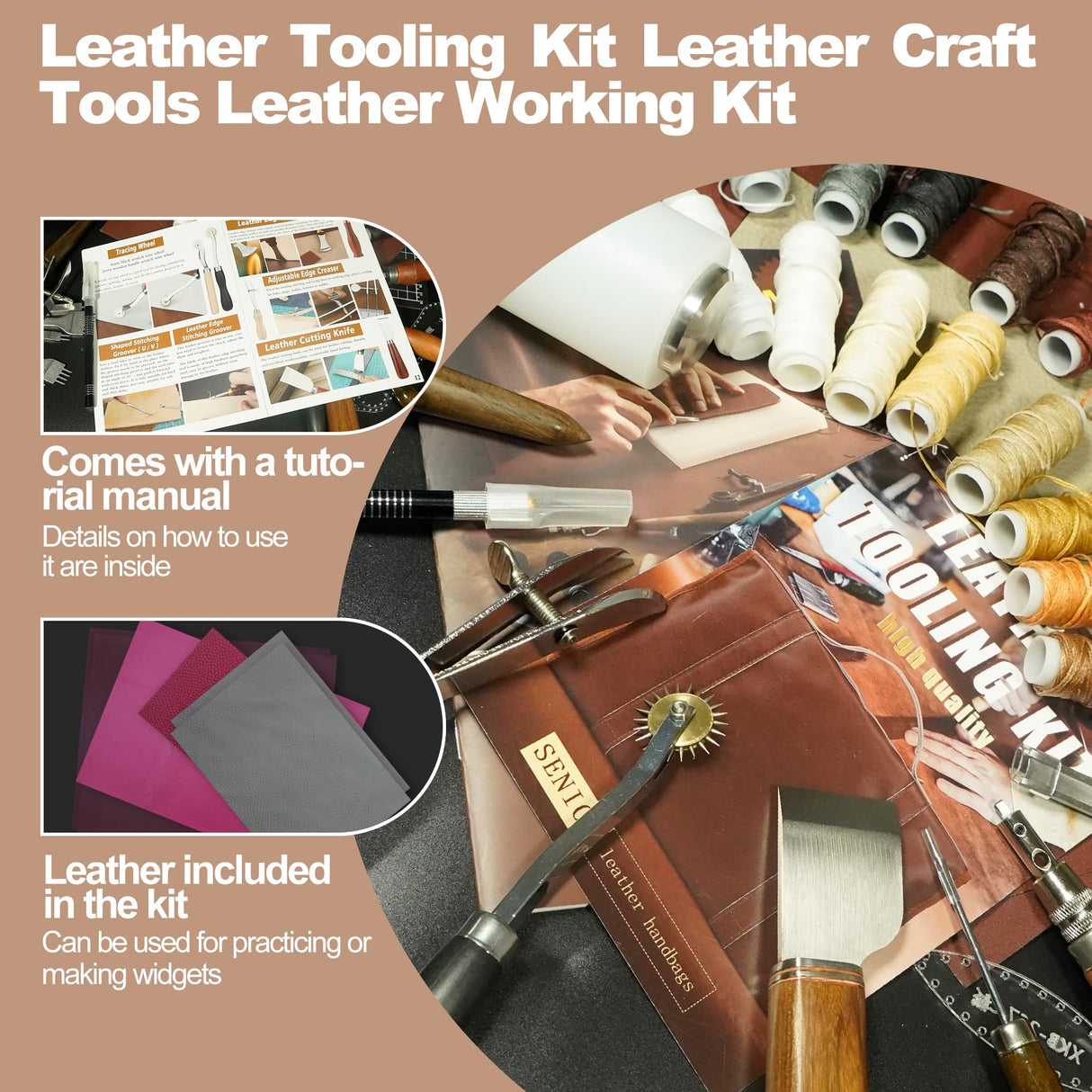 EDIETH Professional Leather Craft Tools Kit Leather Working & Tooling Set with High-Carbon Steel Stamping, Punching, Sewing, Engraving Tools, Custom Cutting Mats for Leathercraft Projects EDIETH