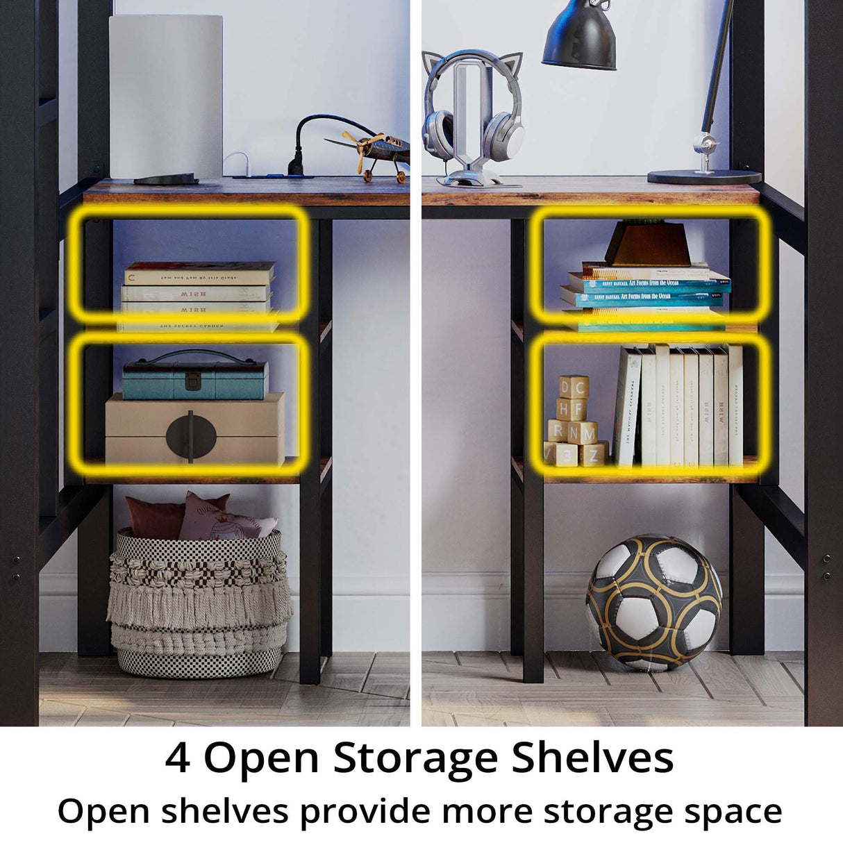 ANCTOR Loft Bed Twin Size with Desk and 4 Storage Shelves, Metal Loft Bed Frame with Power Outlet and LED Lighted, Safety Guard & Ladder, Space-Saving, Noise Free, Black ANCTOR