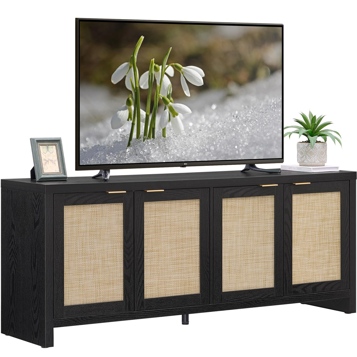 SICOTAS TV Stand for Living Room Boho Entertainment Center for Bedroom with 4 Rattan Cabinets Farmhouse Television Stands with Storage Large Media Console Table for TVs up to 45 50 55 60 65 Inch SICOTAS