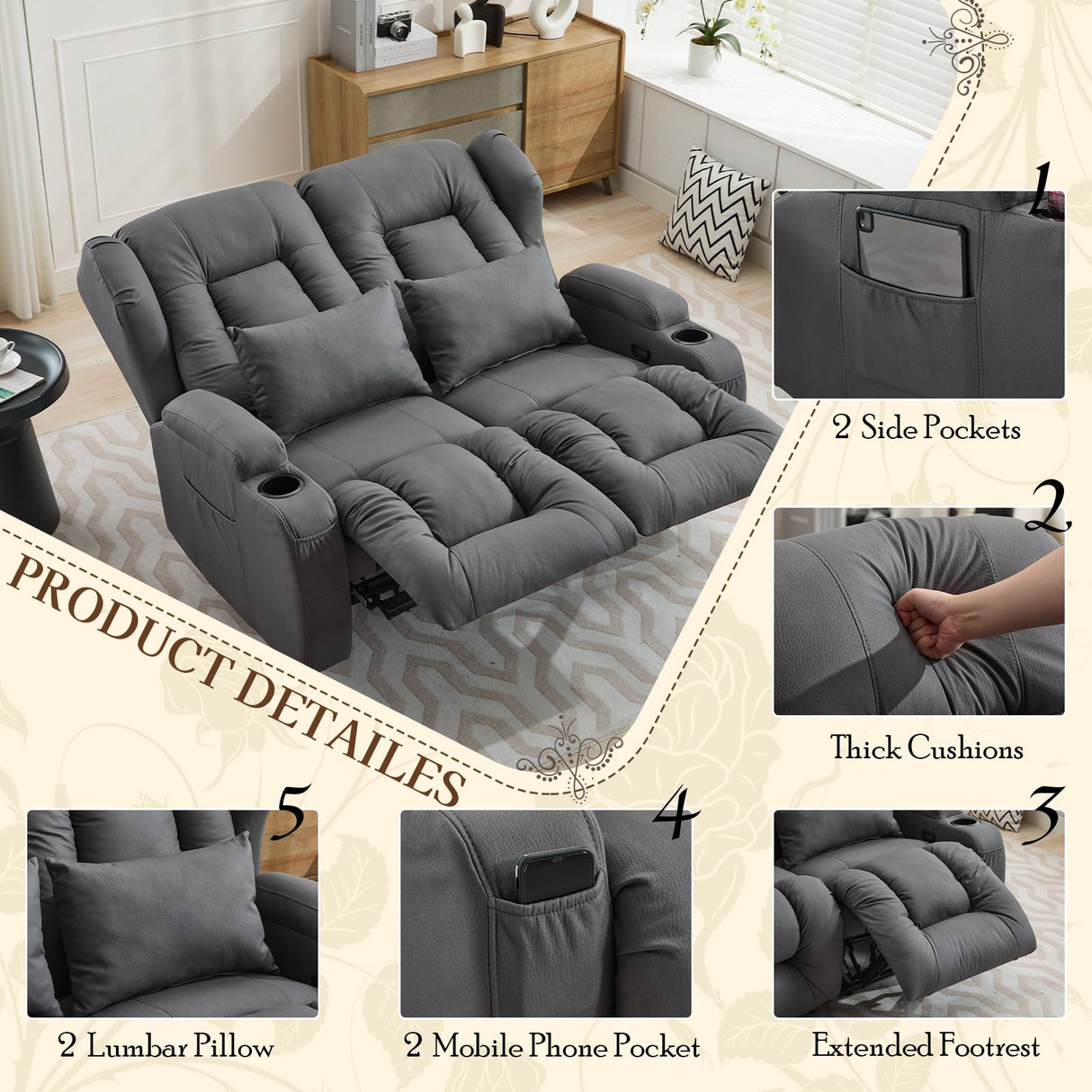 SAMERY 54.2" RV Loveseat Recliner Sofa, Manual Recliner Loveseat RV Sofa Home Theater Seating with Arm, Cup Holders and Side Pocket for Living Room/Office/Apartment SAMERY