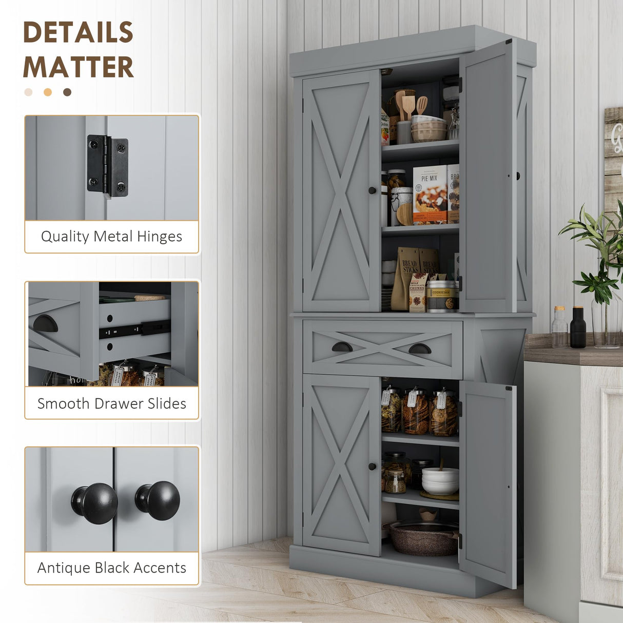 HOMCOM 72" Kitchen Pantry Storage Cabinet, Traditional Freestanding Cupboard with 4 Doors and 2 Adjustable Shelves, Large Central Drawer, X-Frame, Gray HOMCOM