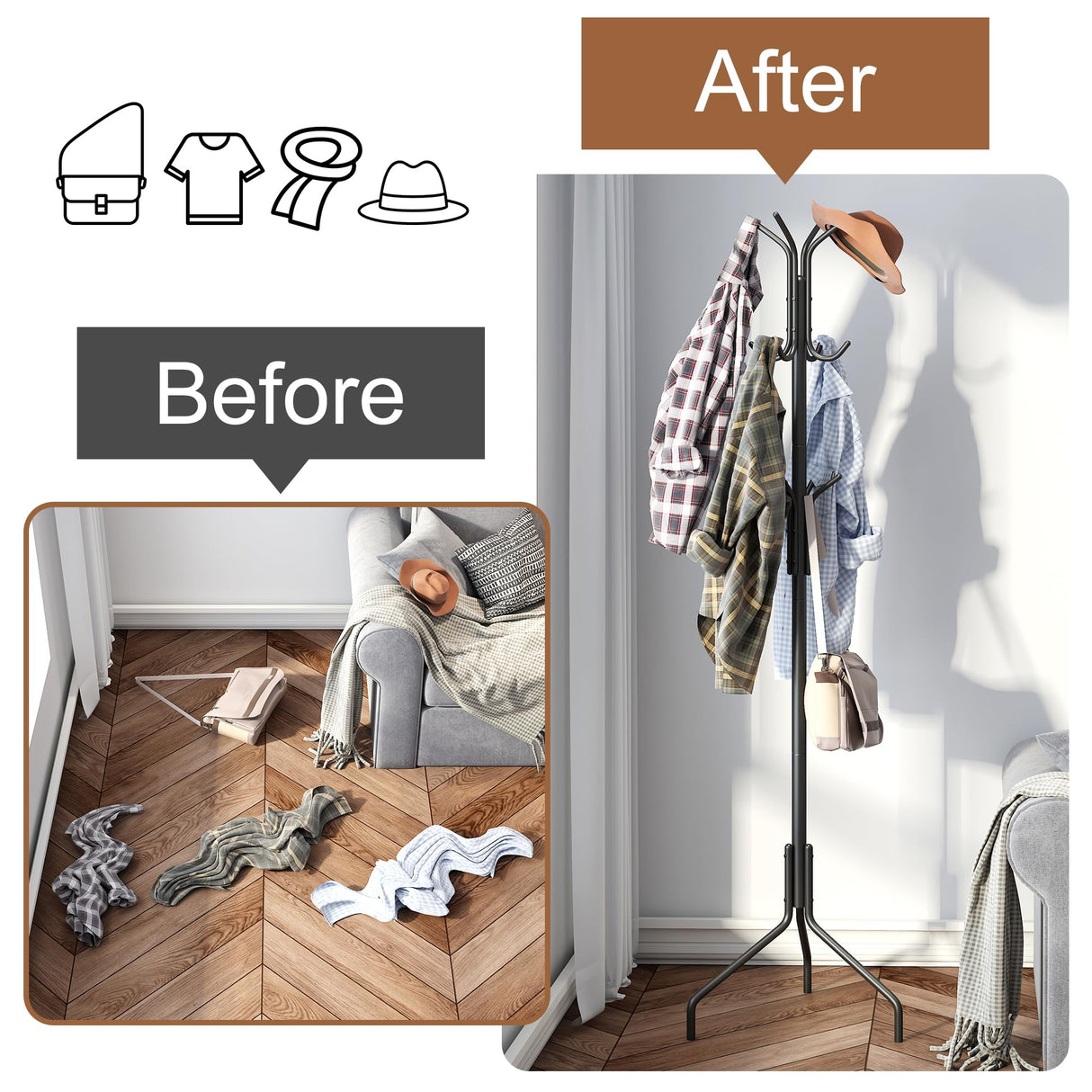 FILWH Coat Rack Freestanding Coat Tree Standing Coat and Hat Hanger Jacket Organizer Rack Metal,18.3" L x 18.3" W x 71.5" H, Black FILWH