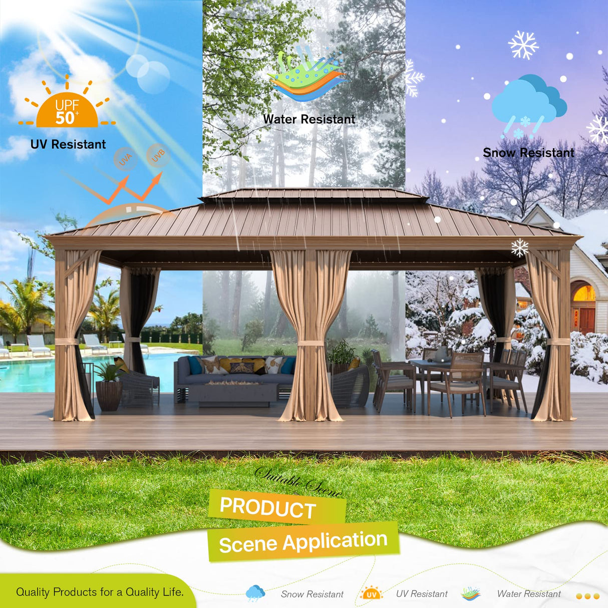 MELLCOM 14' x 20' Hardtop Gazebo, Wooden Finish Coated Aluminum Frame Gazebo with Galvanized Steel Double Roof, Brown Metal Gazebo with Curtains and Nettings for Patio, Lawn & Garden MELLCOM