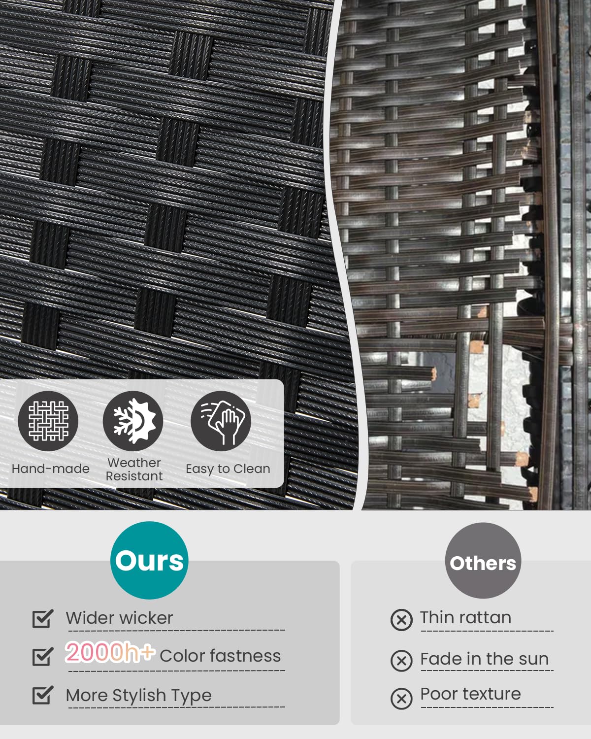 Bezseller 3 Piece Outdoor Patio Furniture Set, Patio Bistro Set Wicker Conversation Set, Modern Rattan Chair with Glass Coffee Table for Backyard, Porches, Poolside, Lawn and Balcony Bezseller