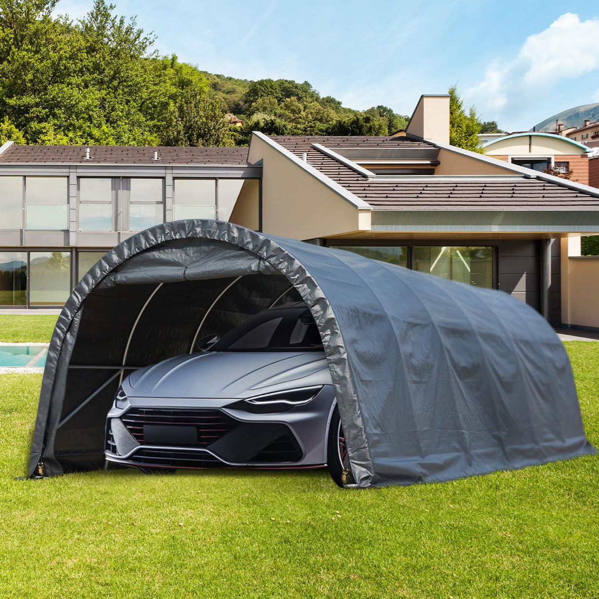 MELLCOM 12 x 24 FT Heavy Duty Carport, Portable Garage with Reinforced All-Steel Frame and Round Style Roof, Anti-Snow All Covered Car Canopy Outdoor Waterproof Storage Shelter for Car, Truck, Boat MELLCOM