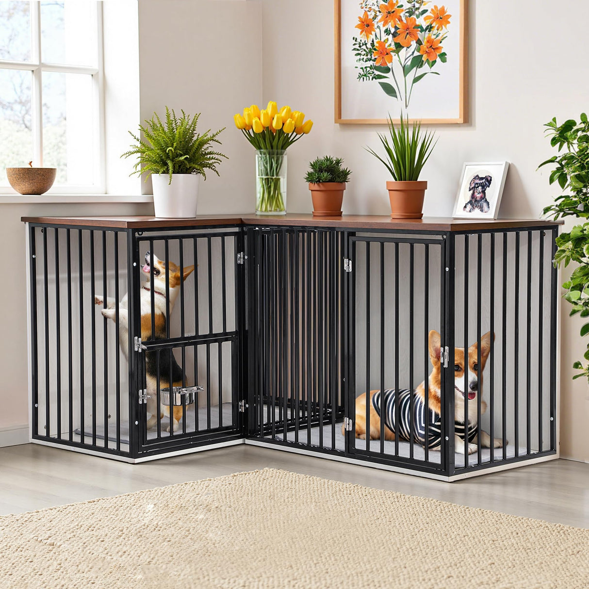 FKLUG Dog Crate Furniture for 2 Dogs, Corner Heavy Duty Double Dog Kennel Furniture with Divider, Indoor Wooden Dogs Crate Large Breed (Black) FKLUG