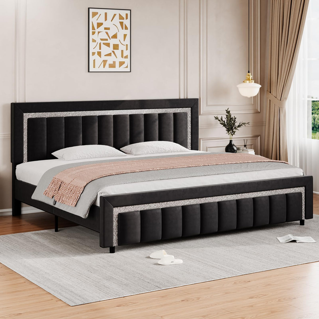 HOMBCK King Size Bed Frame, Black King Size Bed Frame with Diamond Headboard and Footboard, Velvet Upholstered Bed Frame with Vertical Channel Design, No Box Spring Needed, Easy Assembly, Black HOMBCK