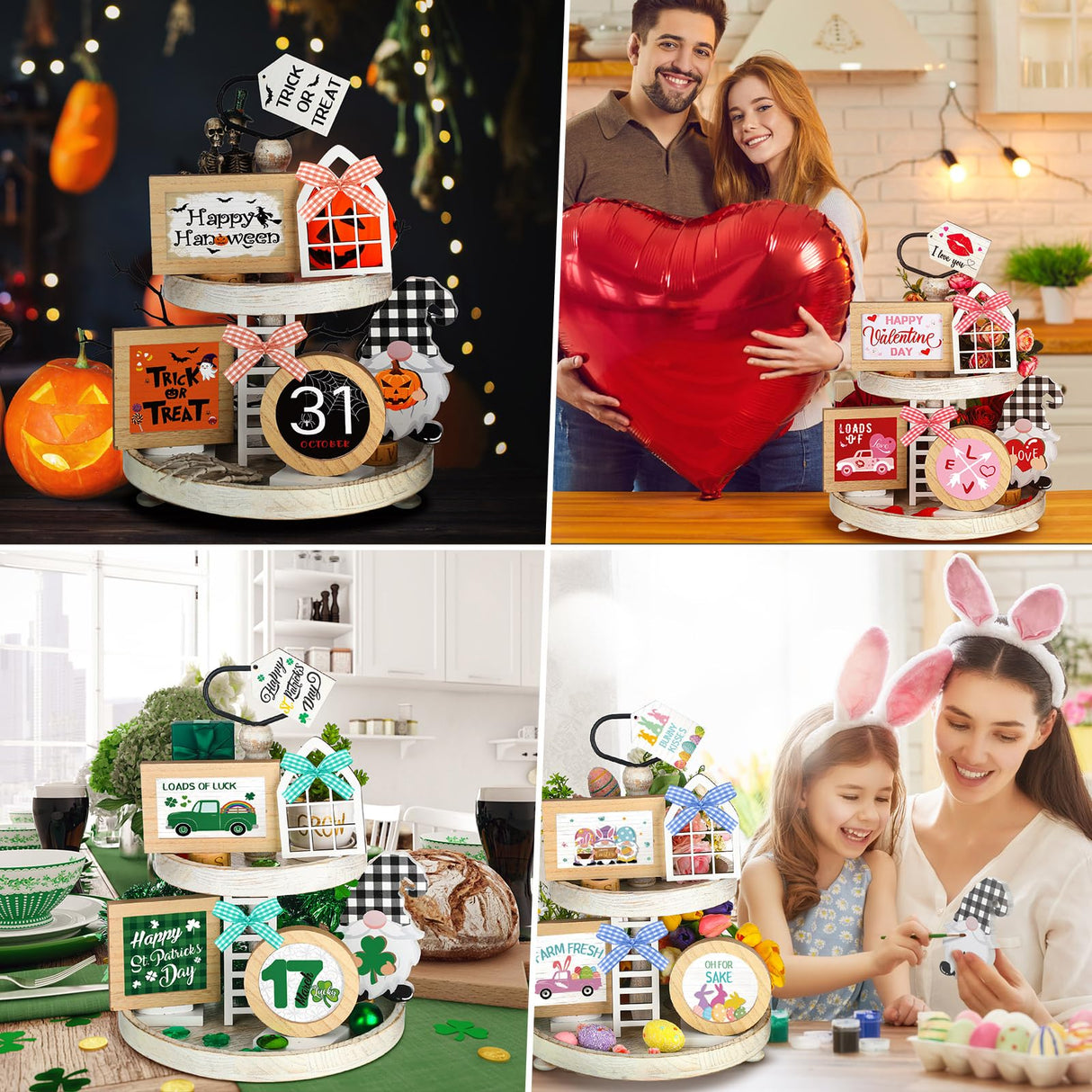 Kigley 70 Pcs Christmas Interchangeable Seasonal Tiered Tray Decor Set Farmhouse Holiday Tiered Tray Interchangeable Tabletop Decor for Holiday Seasonal Home Kitchen Kigley