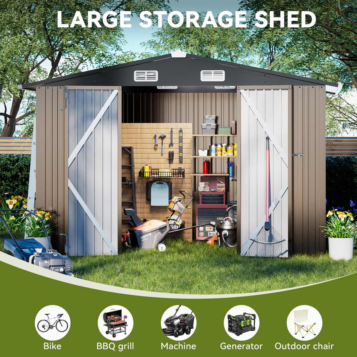 COMHOMA Shed Outdoor Storage Shed Metal,Lockable Doors Tool Sheds with Sloping Roof,Steel Garden Shed with Air Vent for Backyard,Patio,Lawn,Poolside (Brown, 10'x8') COMHOMA