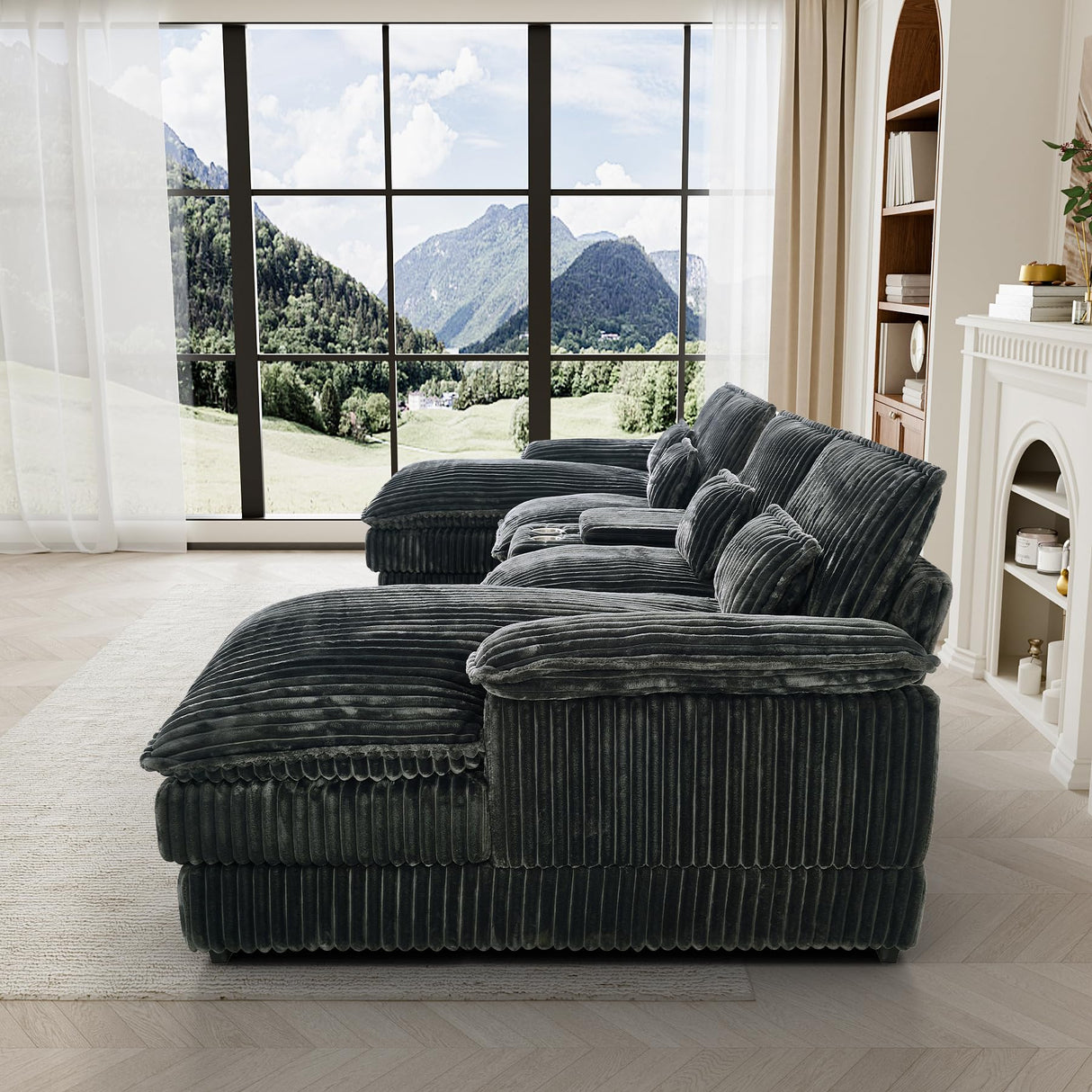 HYJT-H&K 124" U Shaped Cloud Couch Sectional, Comfy Fluffy Plush Corduroy Grey Sectional Couches for Living Room, Modern Modular Corduroy Couch Sectionals with Central Console & Double Chaise Lounge HYJT-H&K