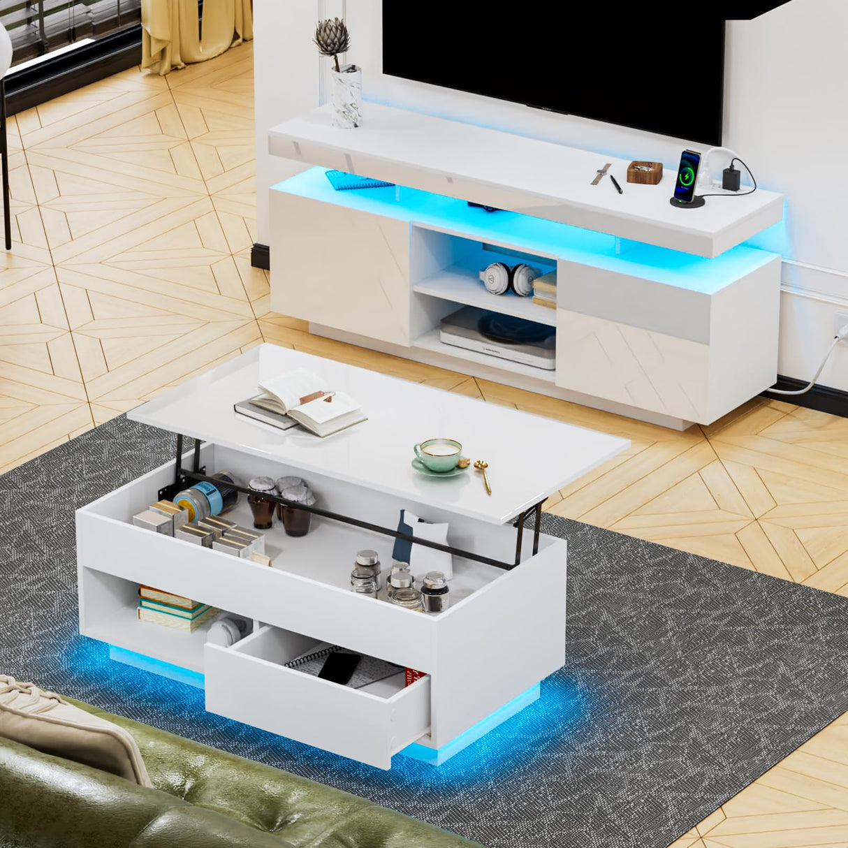 HOMMPA LED Lift Top Coffee Table and TV Stand Set of 2,Modern LED Entertainment Center with Power Outlets for up to 65" TV, Coffee Table with Hidden Compartment & 1 Open Shelve & 1 Drawers White HOMMPA