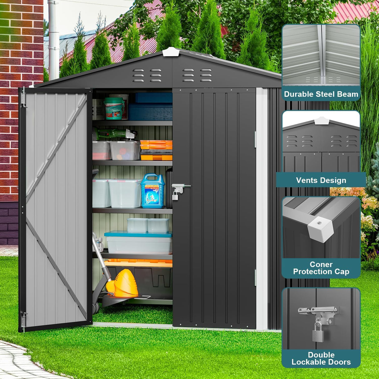Gizoon Outdoor Storage Shed 6 x 4 FT, Galvanized Metal Garden Shed with Double Lockable Doors, Outdoor Storage Clearance for Backyard Patio Lawn-Dark Grey Gizoon