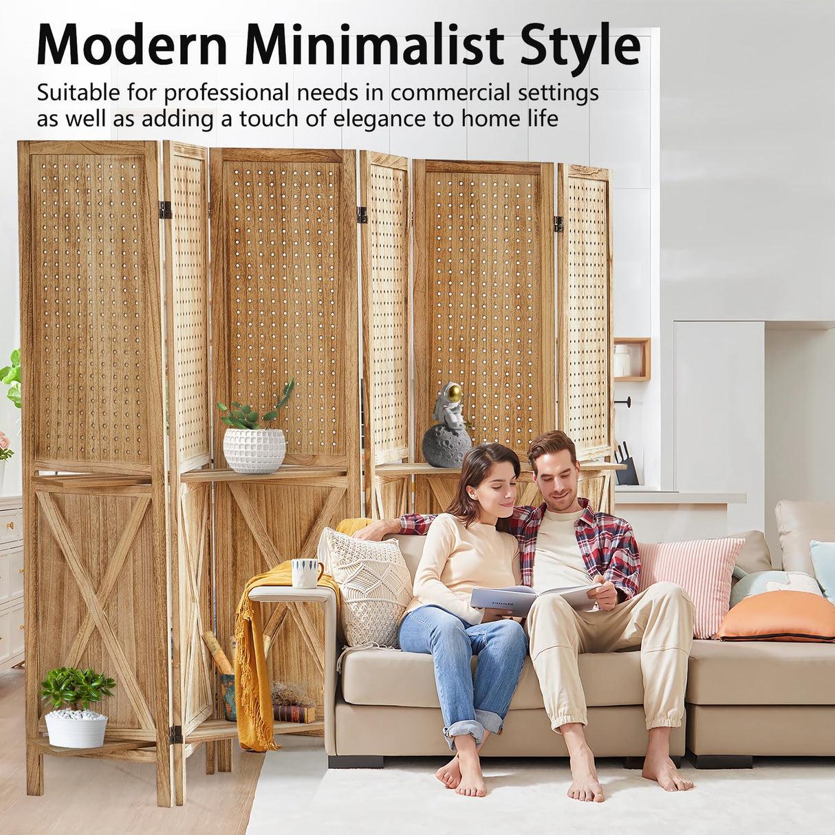 Aletheiawu 6 Panel Room Divider with Shelves, Wooden Pegboard Room Dividers, 5.6Ft Room Partitions and Dividers, Room Divider Panel with 24 Hooks for Bedroom, Study, Shop, Natural Color Aletheiawu