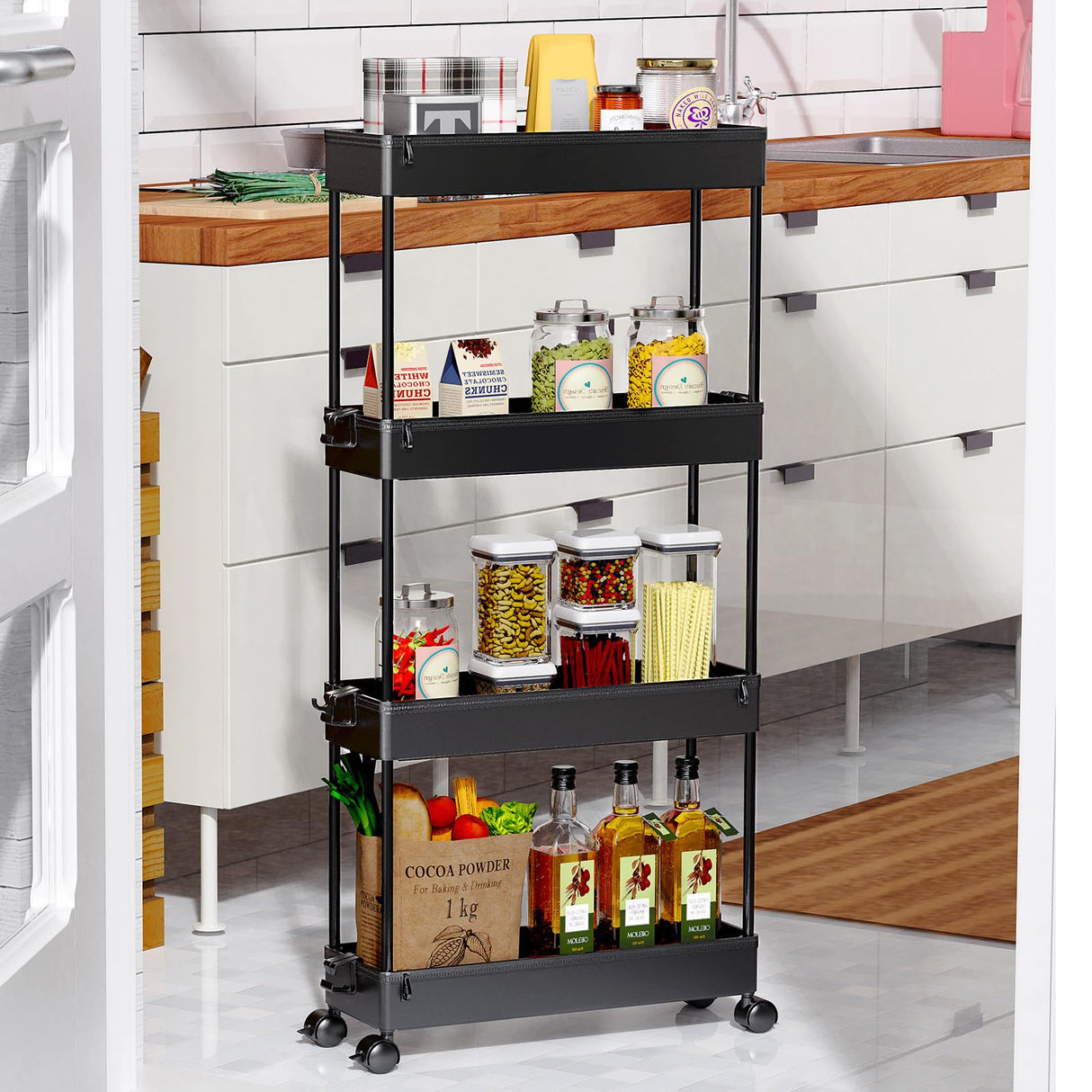 SPACEKEEPER Slim Rolling Storage Cart 4 Tier Organizer Mobile Shelving Unit Utility Cart Tower Rack for Kitchen Bathroom Laundry Narrow Places, Black SPACEKEEPER