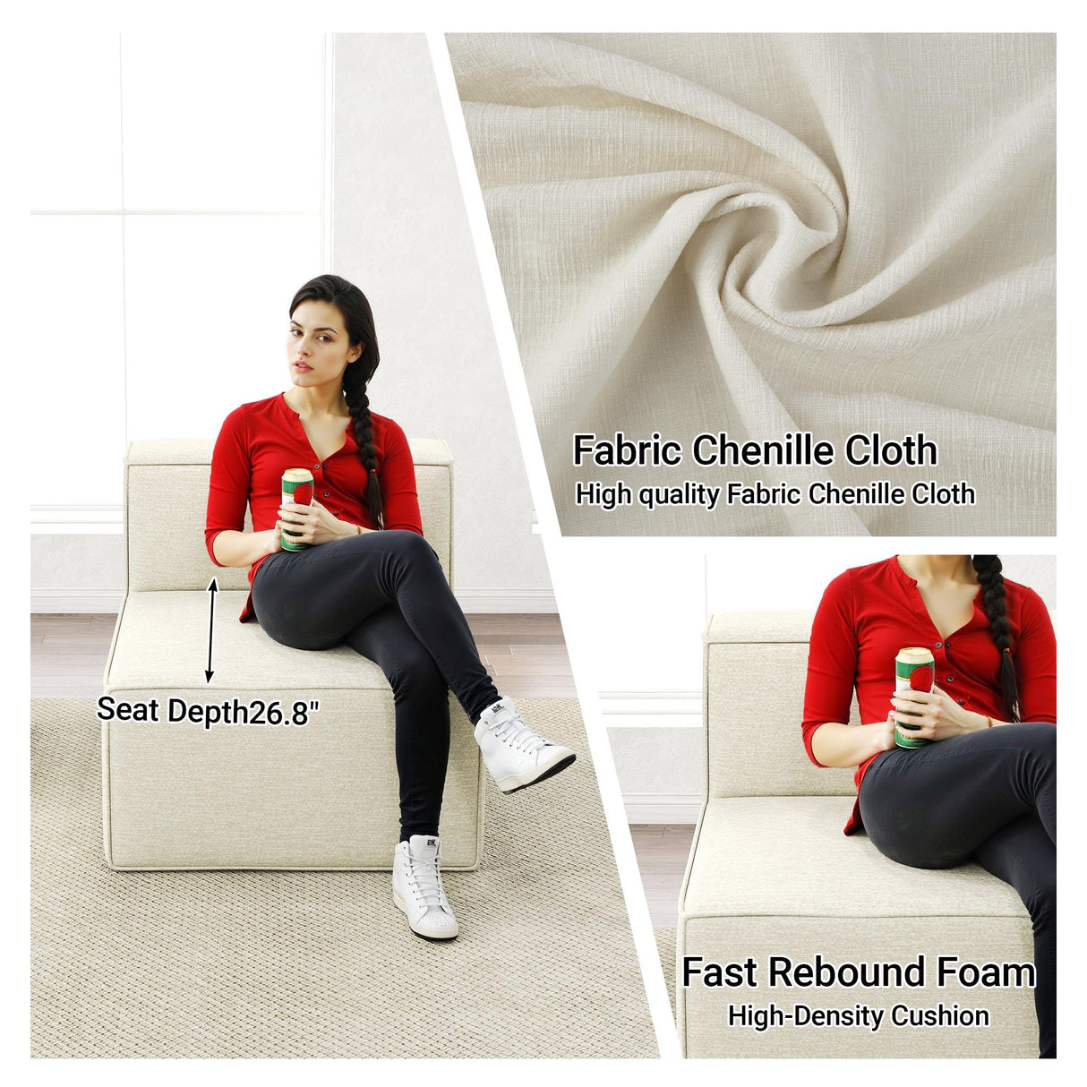 KOBY HOME 38“ Modular Sectional Sofa Convertible Cube Thick Couch Seat Set, Combine L-Shaped U-Shaped, Free Assembly, Space-Saving for Living Room, Fabric Chenille Beige White (Only Armless) KOBY HOME