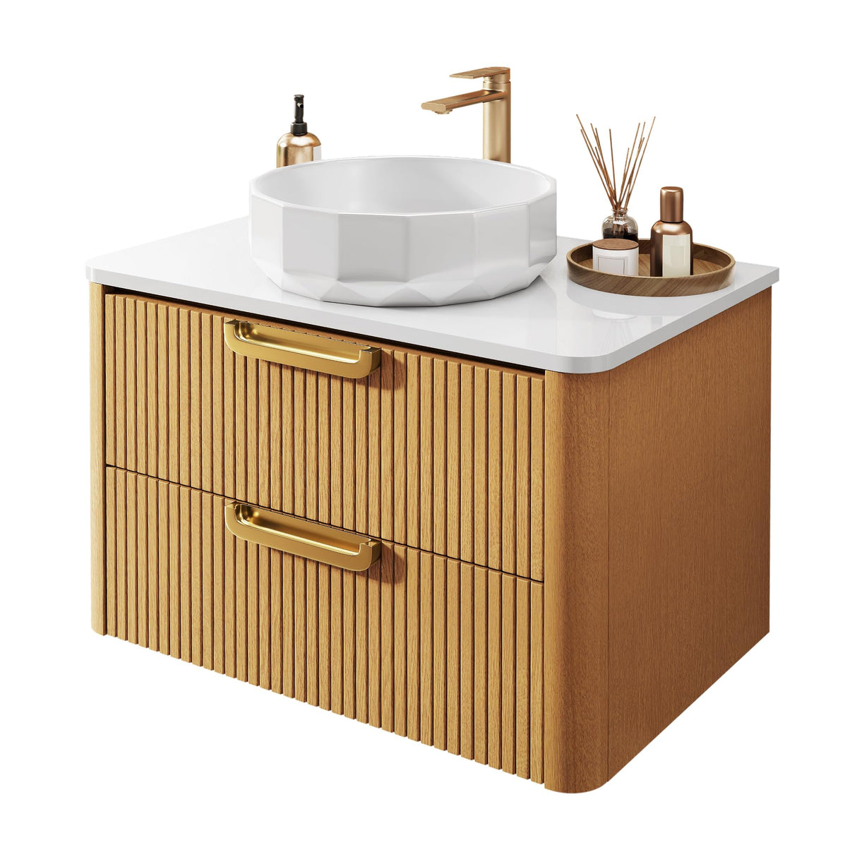 YITAHOME 30 Inch Floating Bathroom Vanity with Sink, Wall-Mounted Vanity with Engineered White Stone Top, 2 Large Storage Drawers with Faceted Ceramic Basin, Wood Grain Texture, Light Walnut YITAHOME