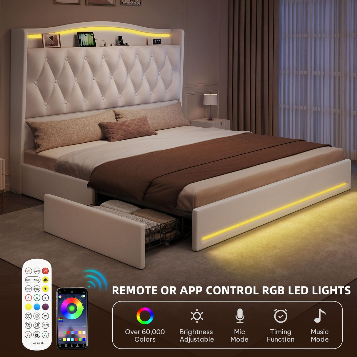 DWVO King Size Bed Frame with 4 Storage Drawers and RGB LED Lights, 57'' Tall Headboard Velvet Upholstered Bed with Charging Station, No Box Spring Needed, Easy Assembly, Noise-Free, White DWVO