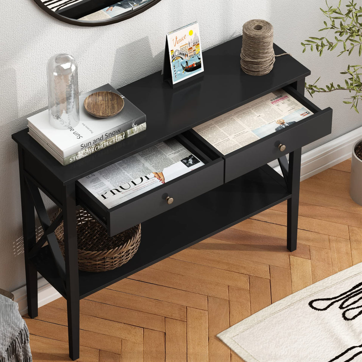 ChooChoo Console Table with Drawers, Narrow Wood Accent Sofa Table Entryway Table with Storage Shelf for Entryway, Front Hall, Hallway, Living Room, Black ChooChoo