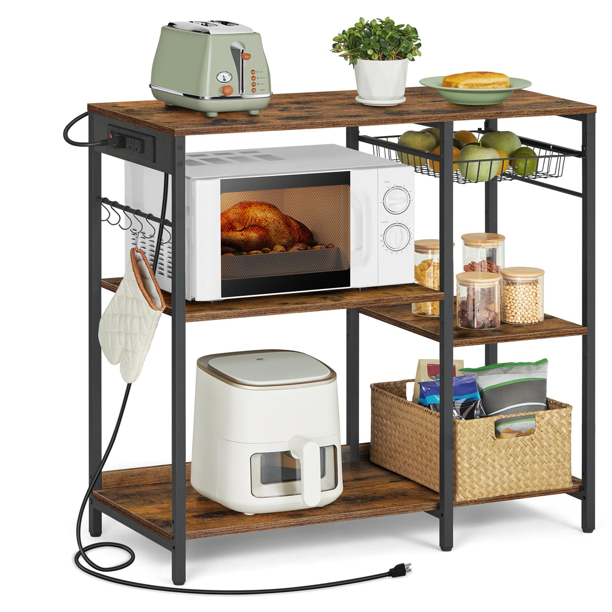 VASAGLE Baker's Rack, Coffee Bar Stand with Charging Station, Storage Shelves, Pull-Out Wire Basket, Table for Microwave, Kitchen, Rustic Brown UKKS036K01, 15.7 x 35.4 x 35.6 Inches VASAGLE