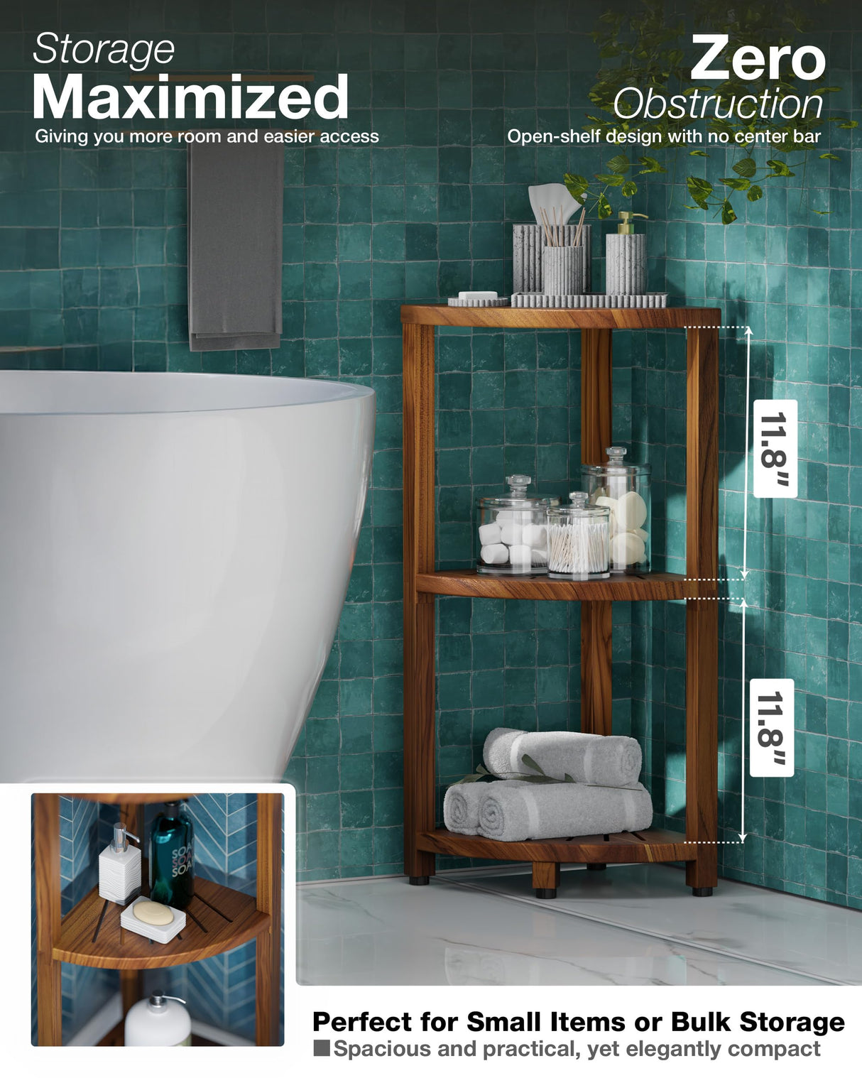 BLUEWEST 3-Tier Corner Shower Caddy Stand, Wood Shower Organizer Standing with Anti-Slip Feet, Waterproof & Durable Bathroom Corner Shelf, Space-Saving Design Storage for Kitchen or Living Room BLUEWEST