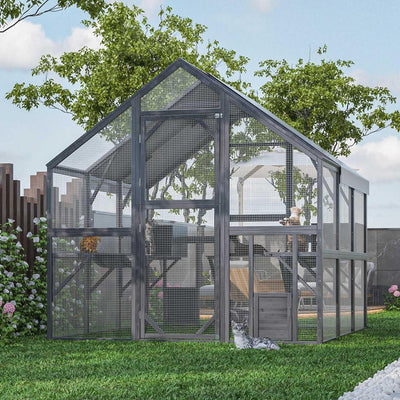 Lovinouse 43ft² Large Outdoor Cat House Catio, Luxury Wooden Cat Run Enclosure Walk in Kitten Condo with 2 Doors, 2 Playpen & Hiding Houses, Bridges, Walks, Roof Cover,Grey