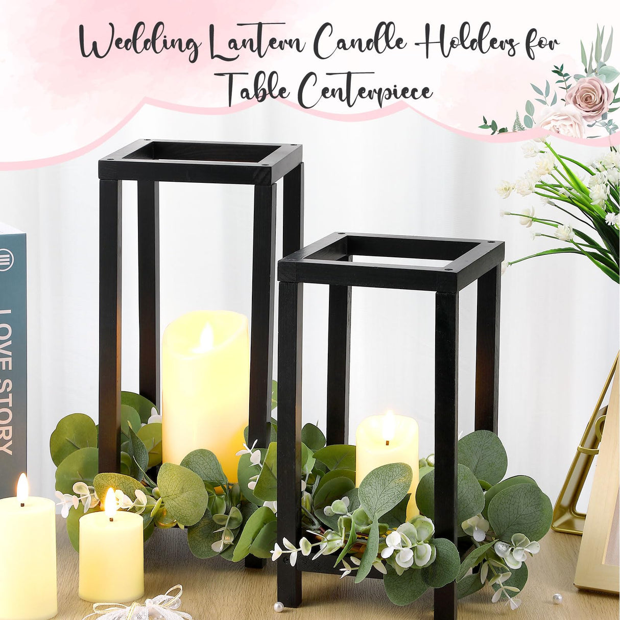 Geelin 10 Pcs Wooden Candle Lantern Wedding Lantern Centerpiece Lantern Candle Holder for Table Fireplace Lantern Decorative Farmhouse Candle Lantern for Wedding Baby Shower(Black, 10.59 in, 13 in) Geelin