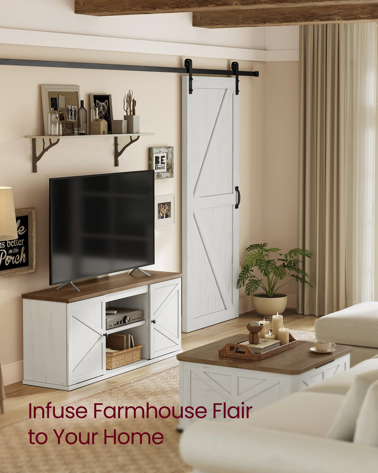 VASAGLE Farmhouse TV Stand for TVs up to 65 Inches, Entertainment Center with Storage Cabinets and Sliding Barn Doors, Media Console Table for Living Room, Rustic White and Honey Brown ULTV535W01 VASAGLE