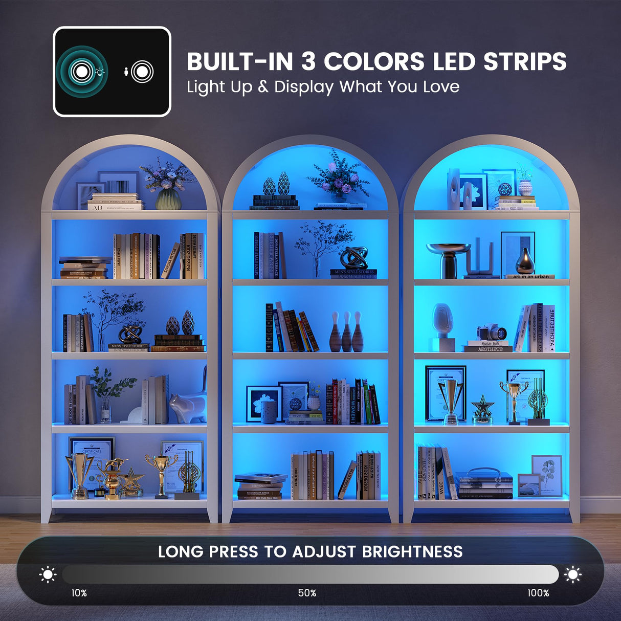 SKKTKT Arch Bookcase - 5 Tiers Bookshelf with 3 Colors LED Sensor Lights and Thickened Wooden Design Display Shelf for Lego Books Bathroom Living Room - Ideal Gift (White) SKKTKT