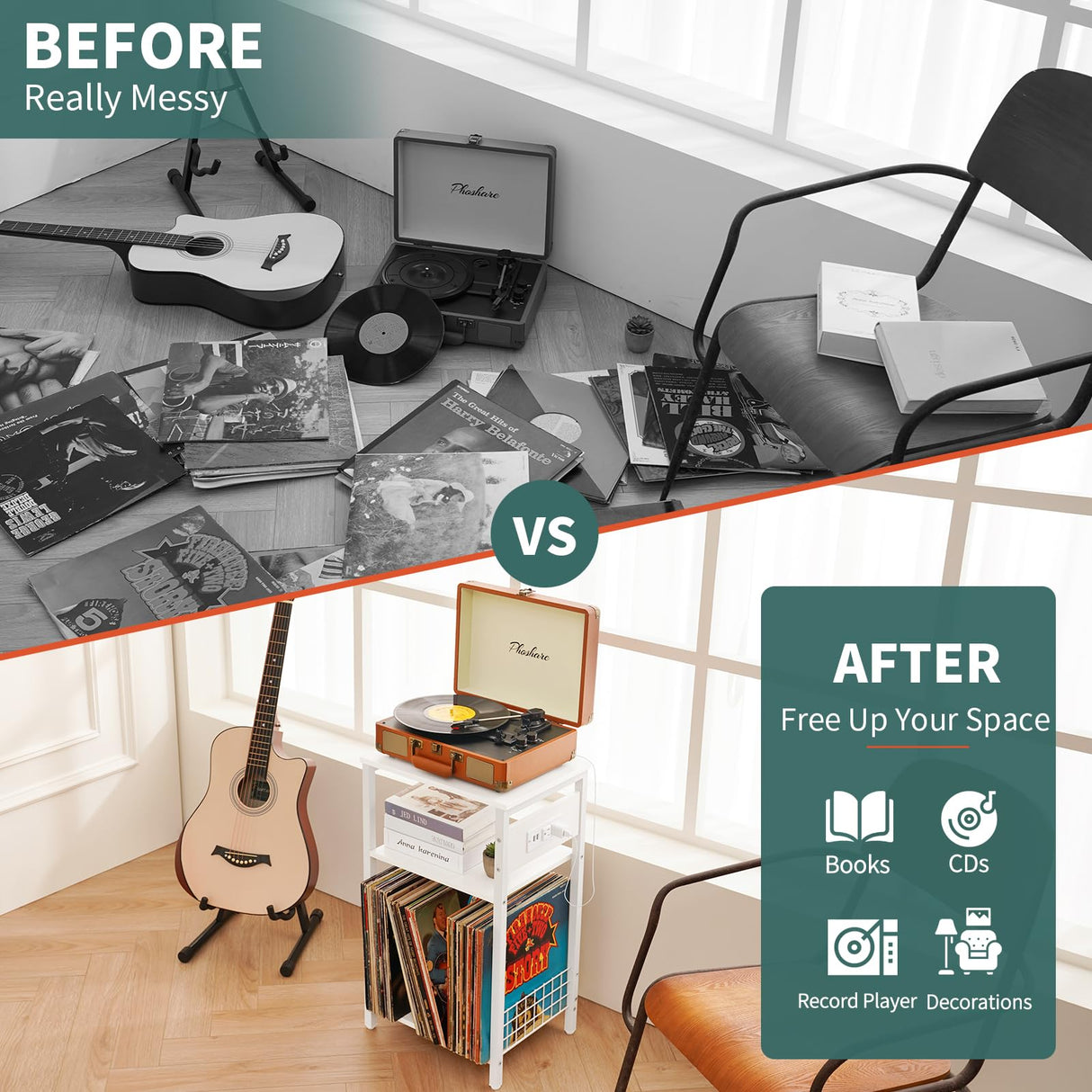 Yoobure Record Player Stand, 3-Tier White Side Table with Charging Station, Small End Table Nightstand with Vinyl Storage, Tall Beside Tables Turntable Stand for Album CD, Night Stand for Living Room Yoobure