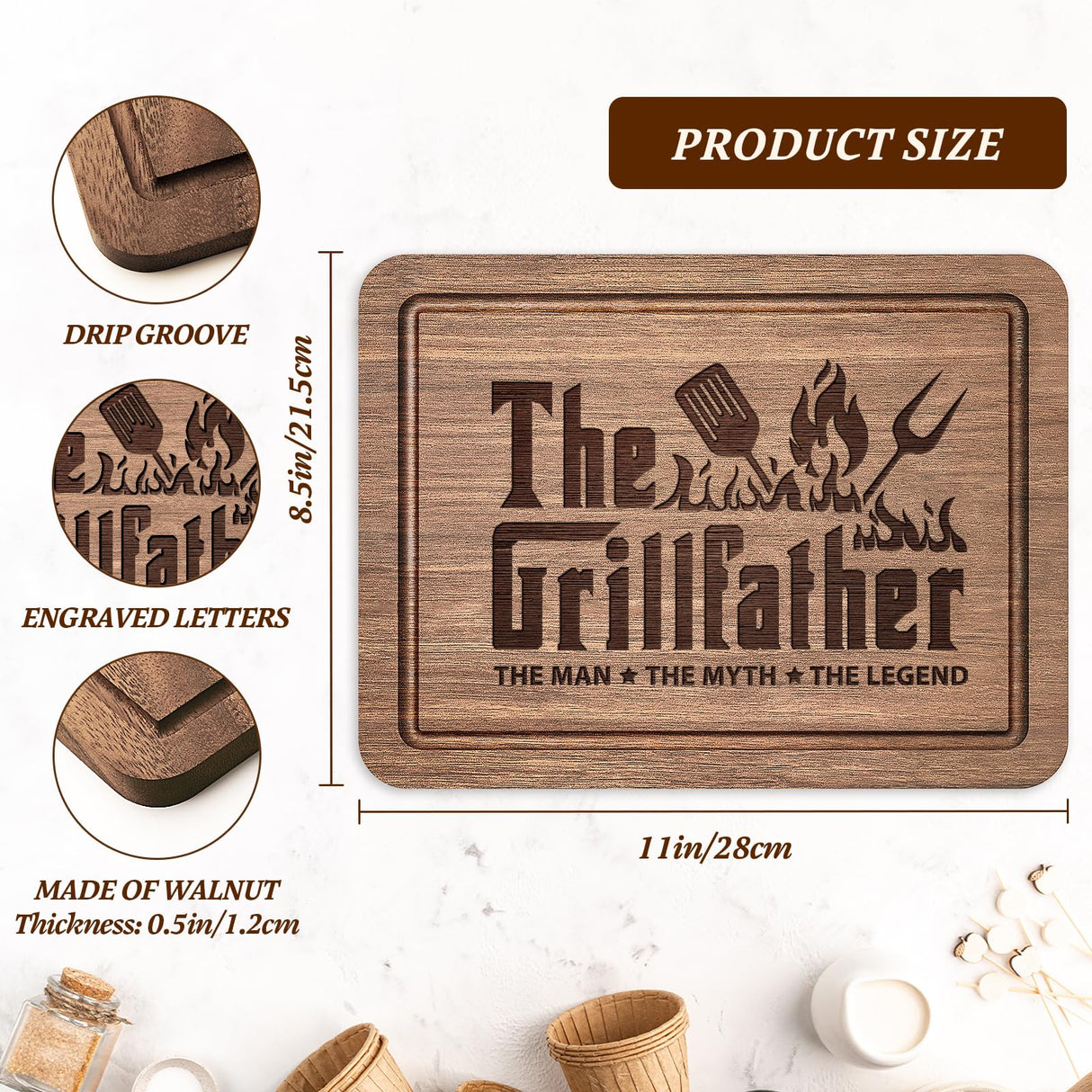 The Grillfather Walnut Cutting Board, Gifts for Dad Ideas, Cool Kitchen Gifts for BBQ, Grill Masters, Birthday Christmas Gifts for Men, Dad, Grandpa, Husband GiltGlimmer