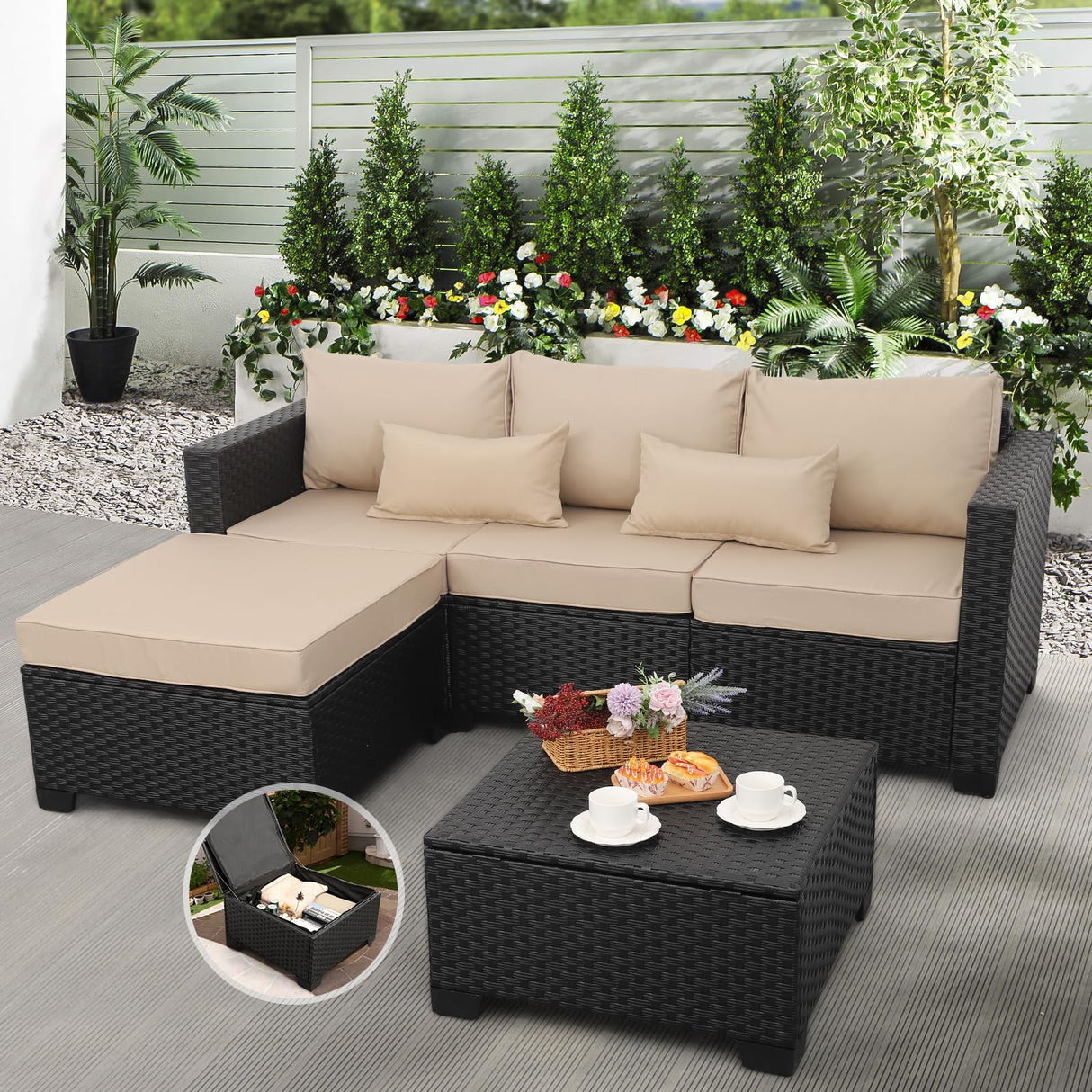 Outdoor Furniture Set 3 Pieces Wicker Patio Furniture Outdoor Sectional Patio Couch Outdoor Coffee Table with Storage All-weather Non-slip Cushions Waterproof Covers, Khaki Rattaner