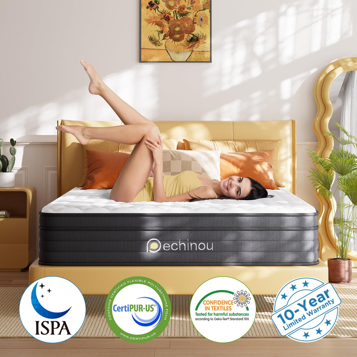 PECHINOU Queen Mattress,10 Inch Queen Size Hybrid Mattress in a Box with Memory Foam, Soft and Comfortable, Pressure Relief, Cool and Breathable, CertiPUR-US, Medium Firm PECHINOU