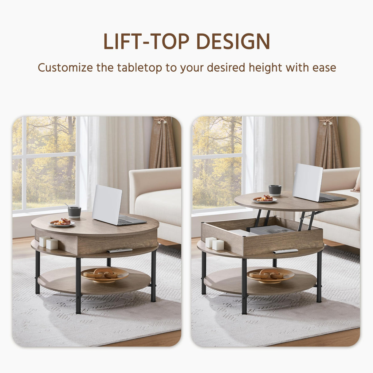 Yaheetech Round Lift Top Coffee Table with Hidden Compartment & Storage Shelf, 31'' Farmhouse Coffee Table Center Tables, 2-Tier Small Round Dining Table for Living Room Reception Room, Gray Yaheetech