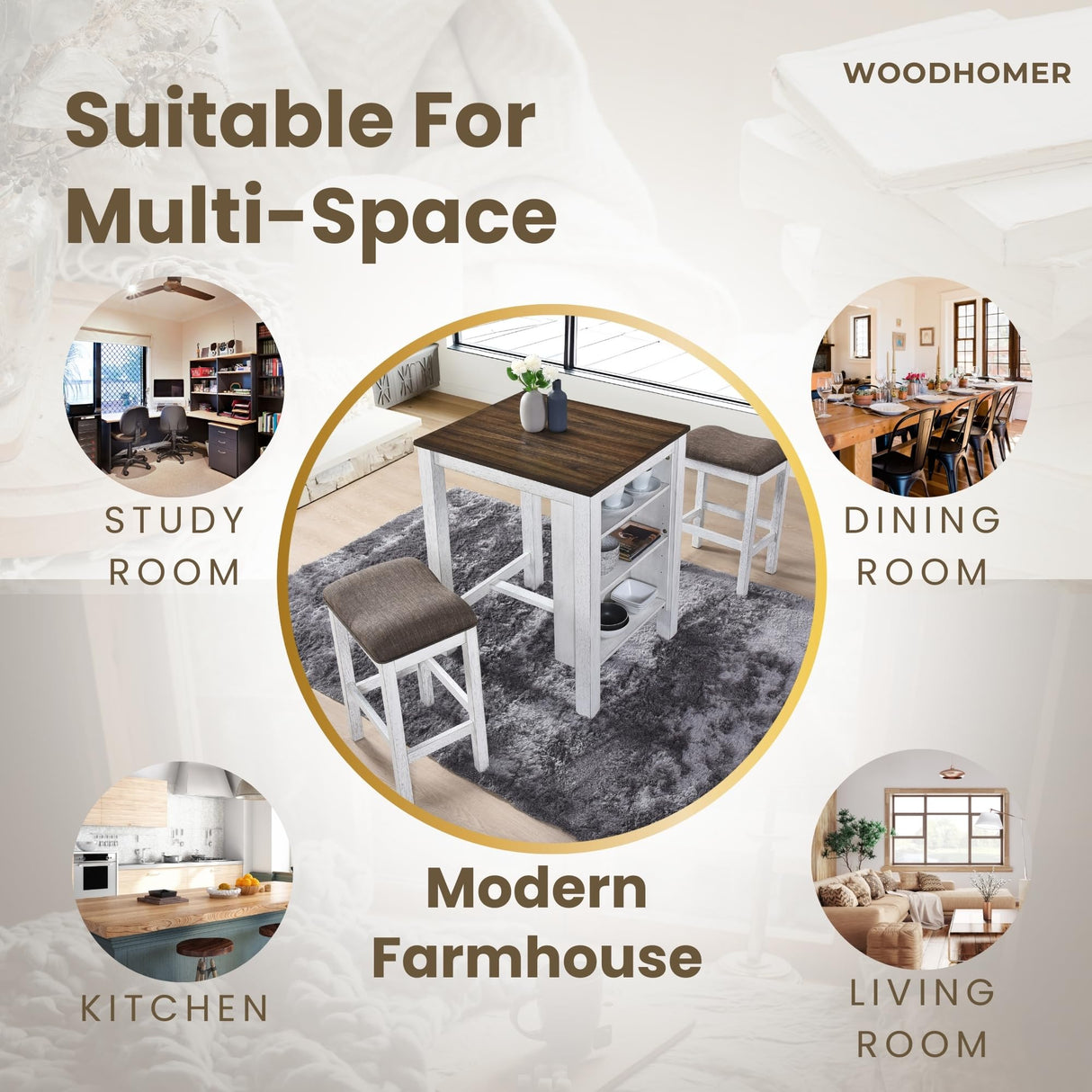 WOODHOMER 3-Piece Wooden Dining Table Set, Kitchen Island with Seating for 2, Kitchen Bar Table with Stools, Counter Height Dining Table Set, Antique Dark Oak & White, Farmhouse Style WOODHOMER