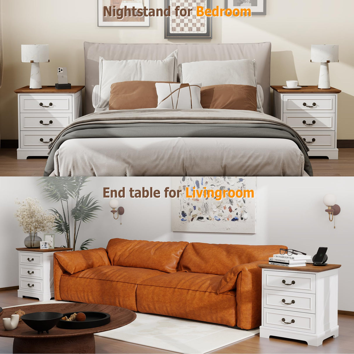 HOPUBUY 22" Farmhouse Nightstand Set of 2 with Charging Station, Wood Night Stand with Antique Handles, 3 Drawer Night Stand Tall Nightstand for Bedroom, Off White and Brown Top HOPUBUY