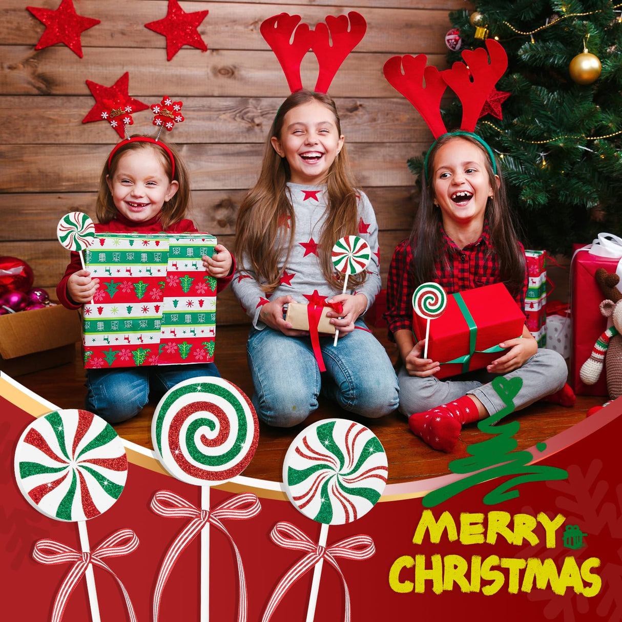 3 Pieces Christmas Table Decorations Wood Candy Set, Red and Green Christmas Tiered Tray Decor,Rustic Christmas Candy Table Decorations for Home Tables (Red and Green) Sereliy