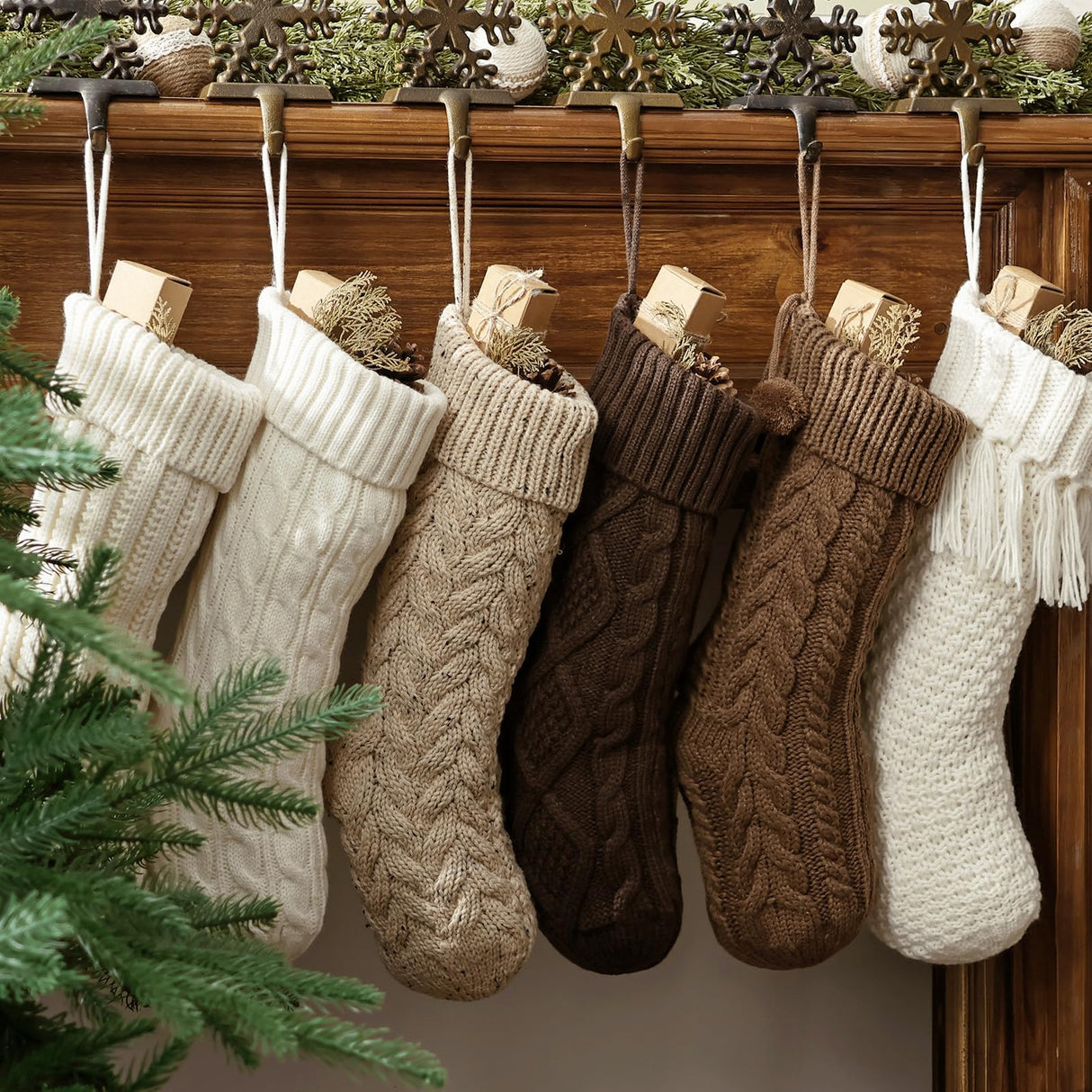 Farmhouse Knitted Personalized Christmas Stockings: 6 Pack 18 Inch Earth Tones Christmas Stockings, Rustic Cozy Hanging Xmas Stockings Decorations for Family Holiday Decor, White Beige Brown Pawliss